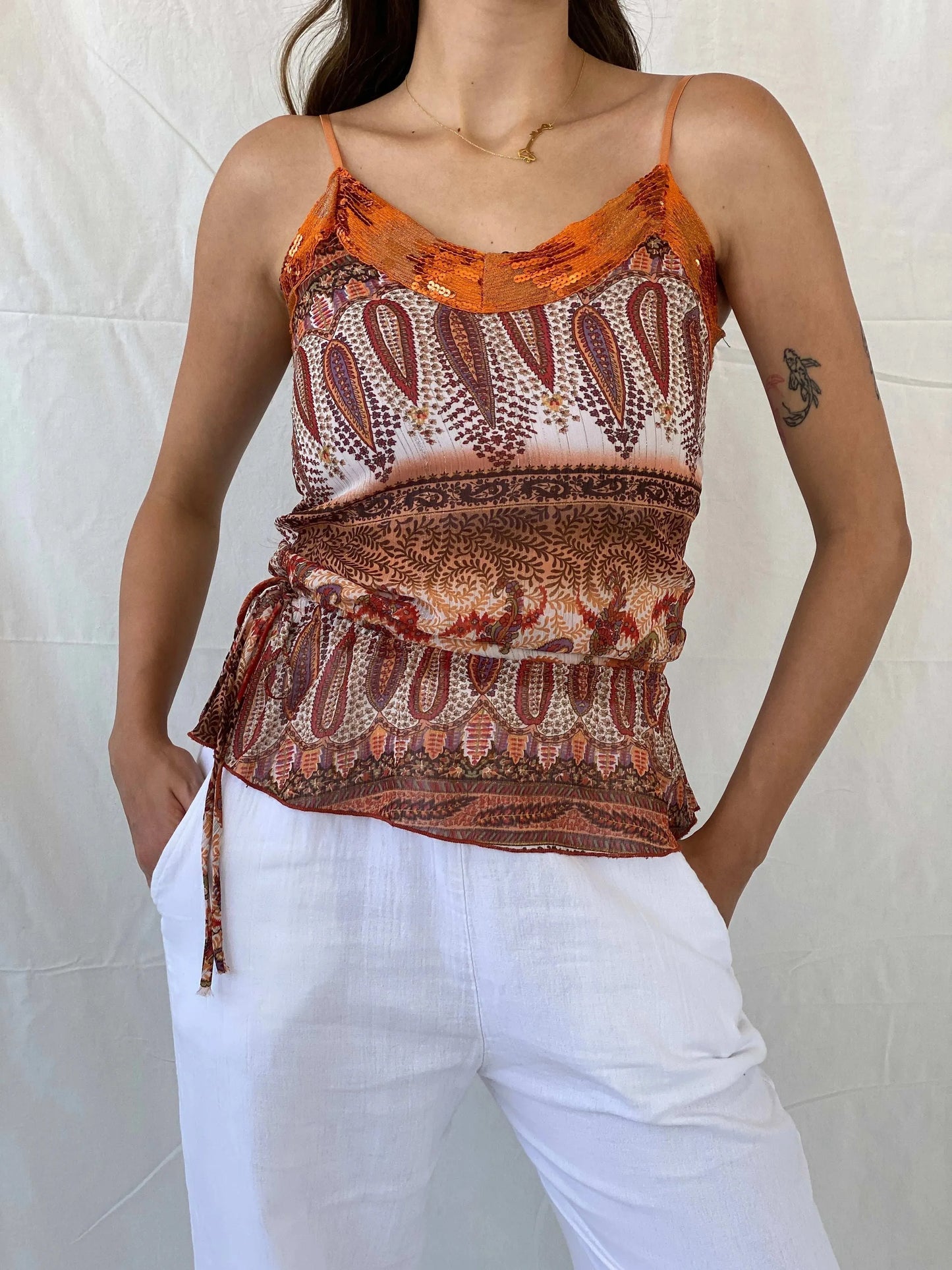 Vintage 00s Vanity Orange Paisley Print Top With Sequins Details - S - Balagan Vintage Cami 00s, Cami, Mira, women top