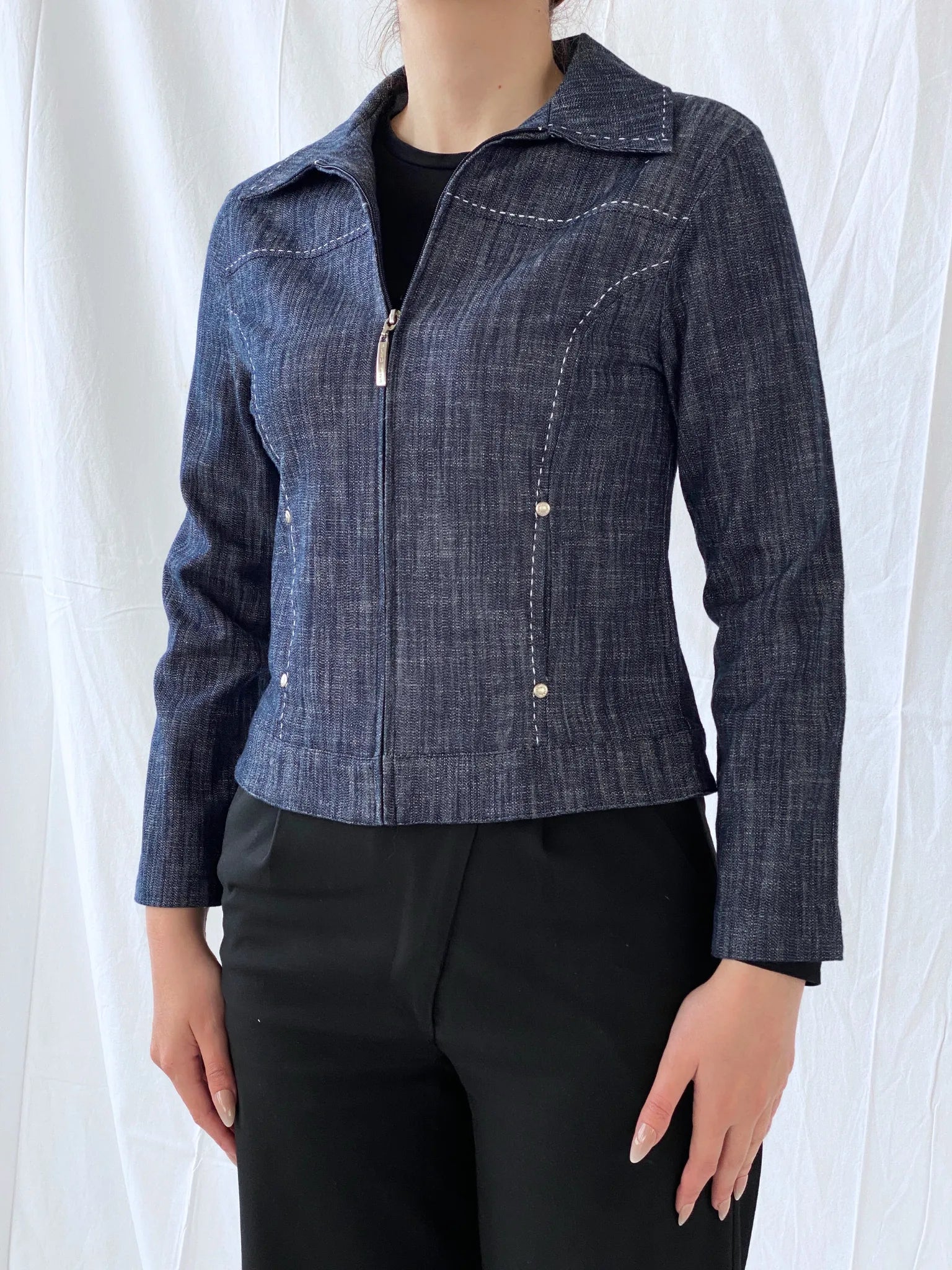 Vintage 123 BLEU Women’s Zip up Denim White Stitch Navy Top - S - Balagan Vintage Full Sleeve Top Ayah, colored denim, denim, denim top