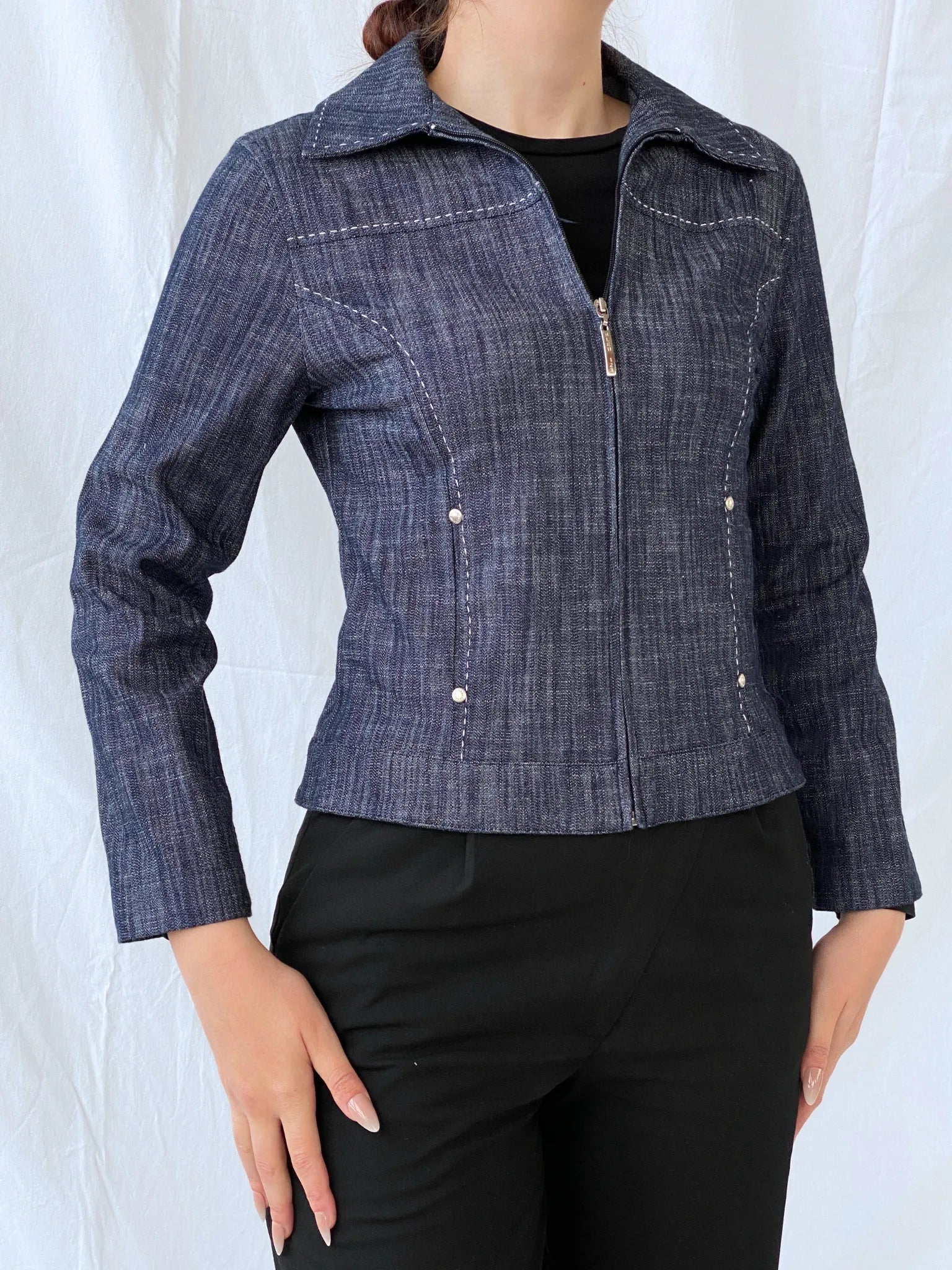 Vintage 123 BLEU Women’s Zip up Denim White Stitch Navy Top - S - Balagan Vintage Full Sleeve Top Ayah, colored denim, denim, denim top