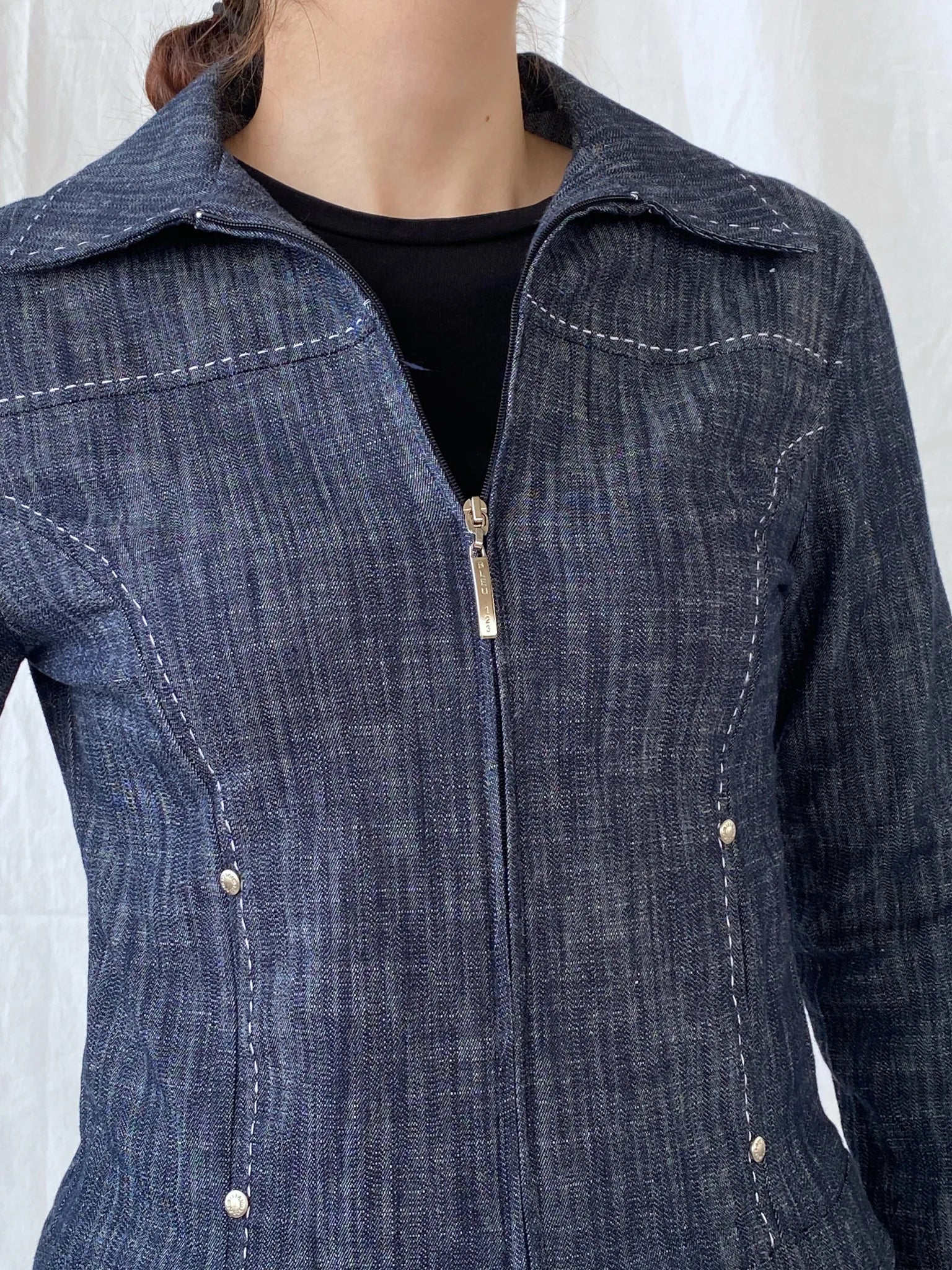 Vintage 123 BLEU Women’s Zip up Denim White Stitch Navy Top - S - Balagan Vintage Full Sleeve Top Ayah, colored denim, denim, denim top