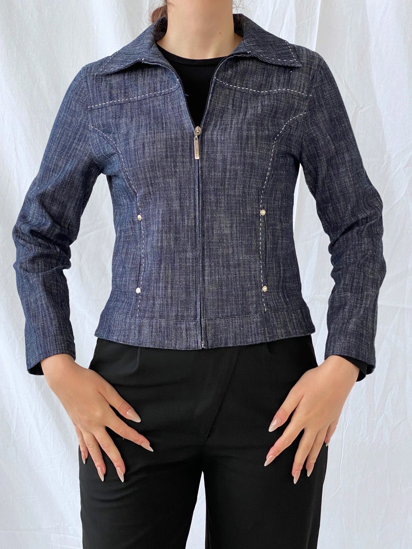 Vintage 123 BLEU Women’s Zip up Denim White Stitch Navy Top - S - Balagan Vintage Full Sleeve Top Ayah, colored denim, denim, denim top