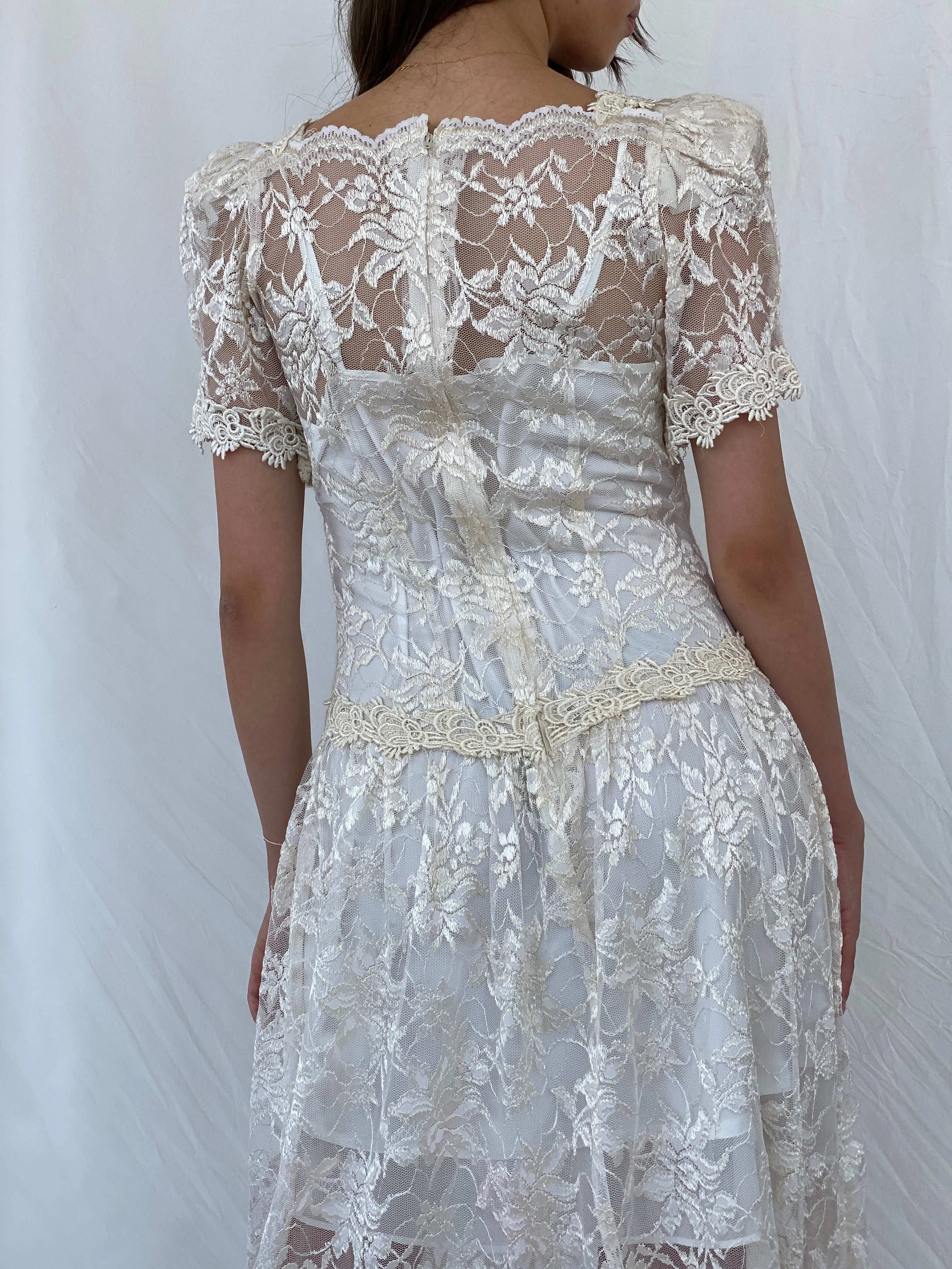 Vintage 1980‘s Art Deco Floral Lace Midi Dress - S - Balagan Vintage Midi Dress 00s, 90s, dress, midi dress, Mira, rare find, Wedding Guest