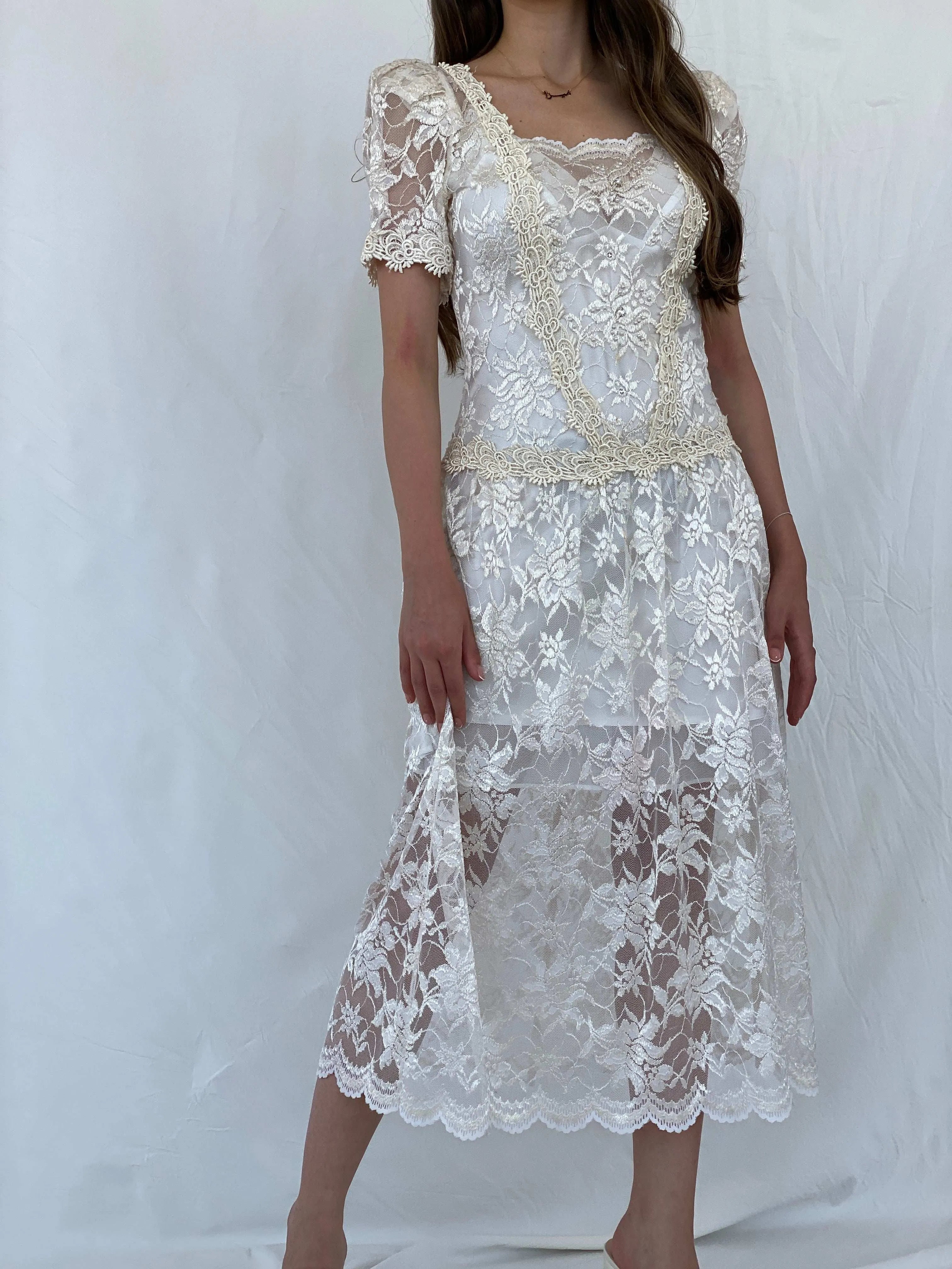Vintage 1980‘s Art Deco Floral Lace Midi Dress - S - Balagan Vintage Midi Dress 00s, 90s, dress, midi dress, Mira, rare find, Wedding Guest