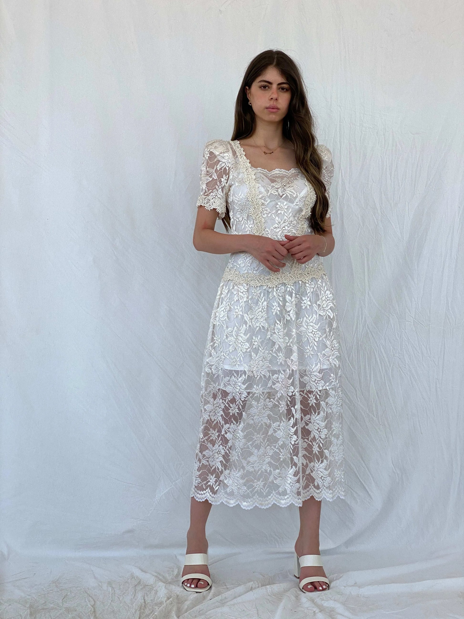 Vintage 1980‘s Art Deco Floral Lace Midi Dress - S - Balagan Vintage Midi Dress 00s, 90s, dress, midi dress, Mira, rare find, Wedding Guest