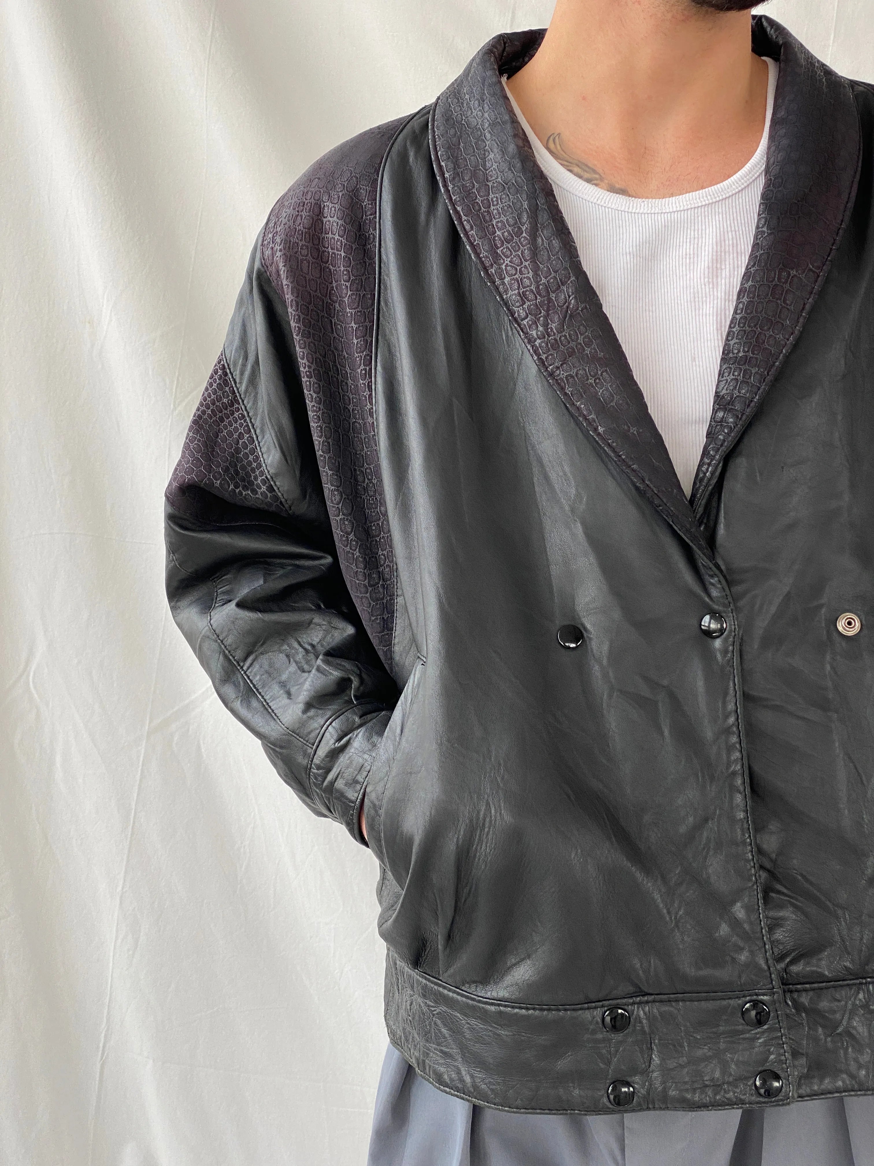Vintage 70s Wm. Chris Genuine Leather Bomber Jacket With Snake Texture Details - M - Balagan Vintage Leather Jacket 90s, genuine leather, genuine leather jacket, Hamza, leather blazer, winter