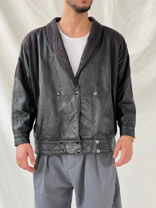 Vintage 70s Wm. Chris Genuine Leather Bomber Jacket With Snake Texture Details - M - Balagan Vintage Leather Jacket 90s, genuine leather, genuine leather jacket, Hamza, leather blazer, winter