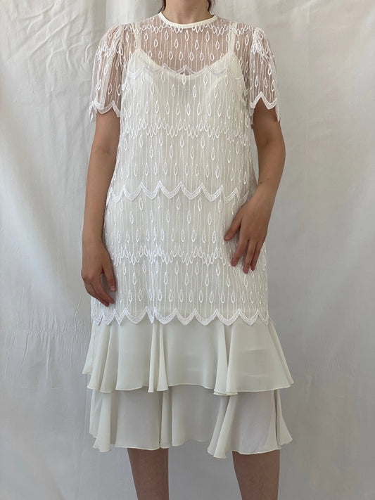 Vintage 70s/80s Gina Bacconi White Lace Gatsby Wedding Dress - XL - Balagan Vintage Midi Dress 90s, Ayah, dress, midi dress, vintage dress, Wedding Guest