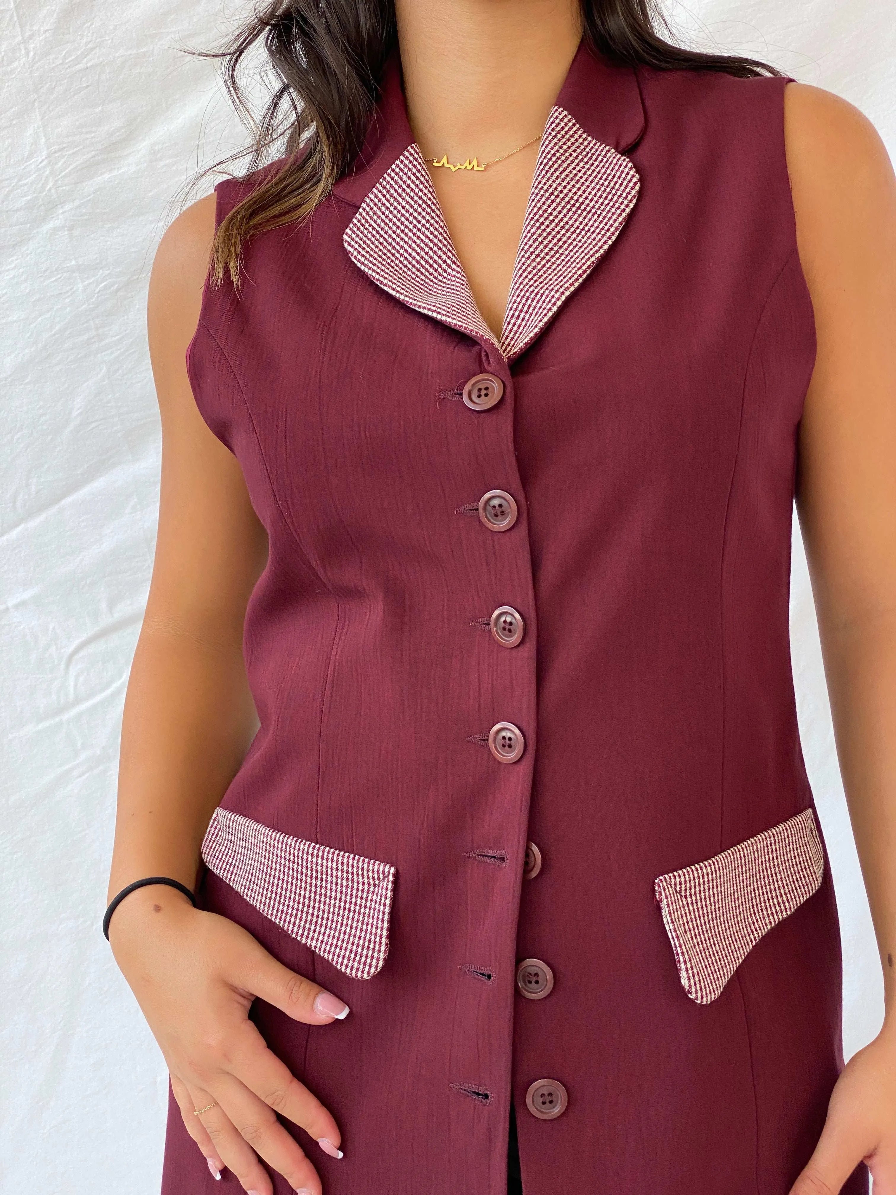 Vintage 80s DiONNiNi Maroon Long Vest with Checkered Detailing - L - Balagan Vintage Vest 00s, Lana, summer, vest