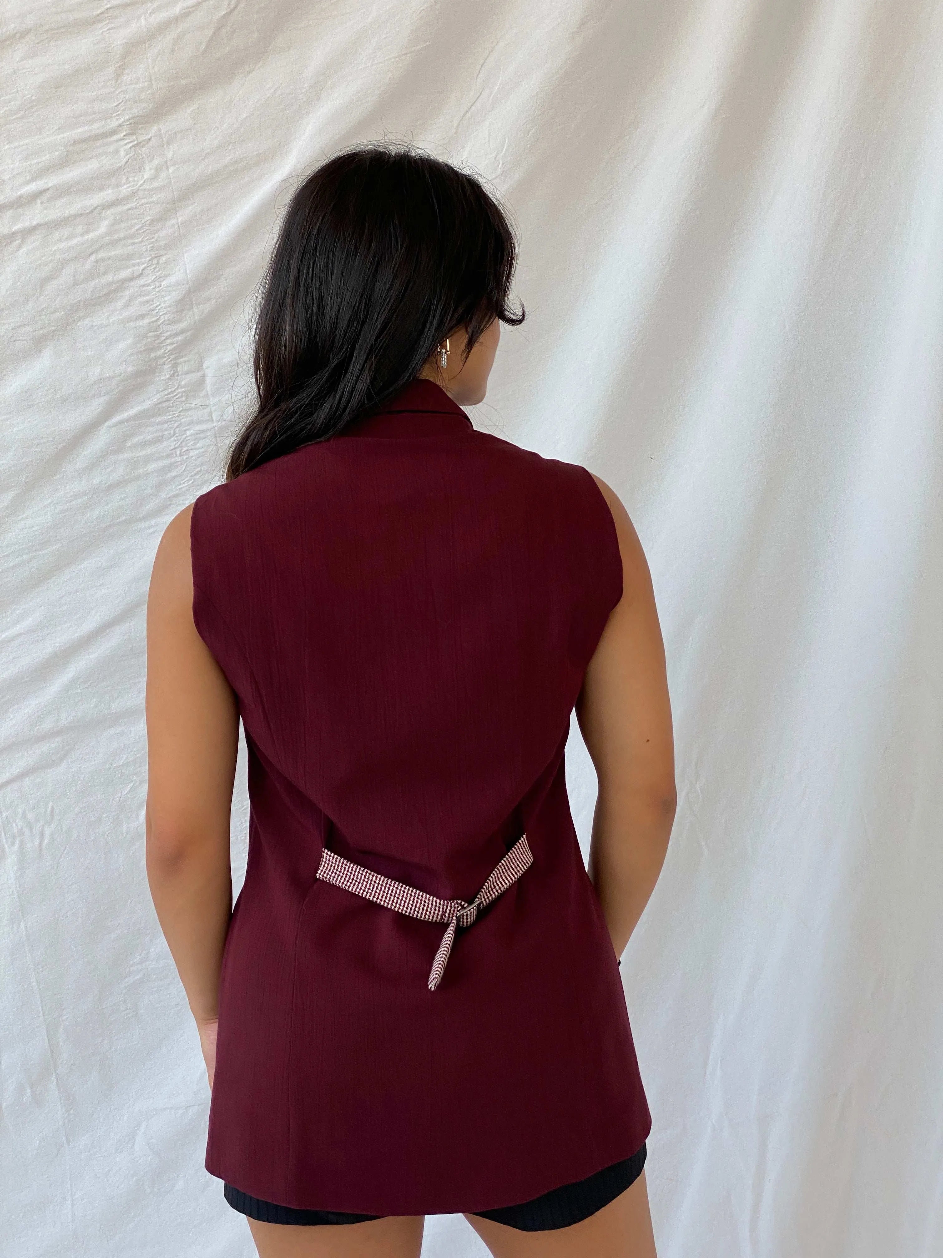 Vintage 80s DiONNiNi Maroon Long Vest with Checkered Detailing - L - Balagan Vintage Vest 00s, Lana, summer, vest