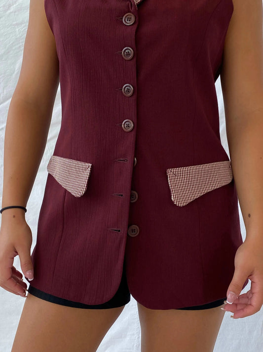Vintage 80s DiONNiNi Maroon Long Vest with Checkered Detailing - L - Balagan Vintage Vest 00s, Deals, Lana, summer, vest