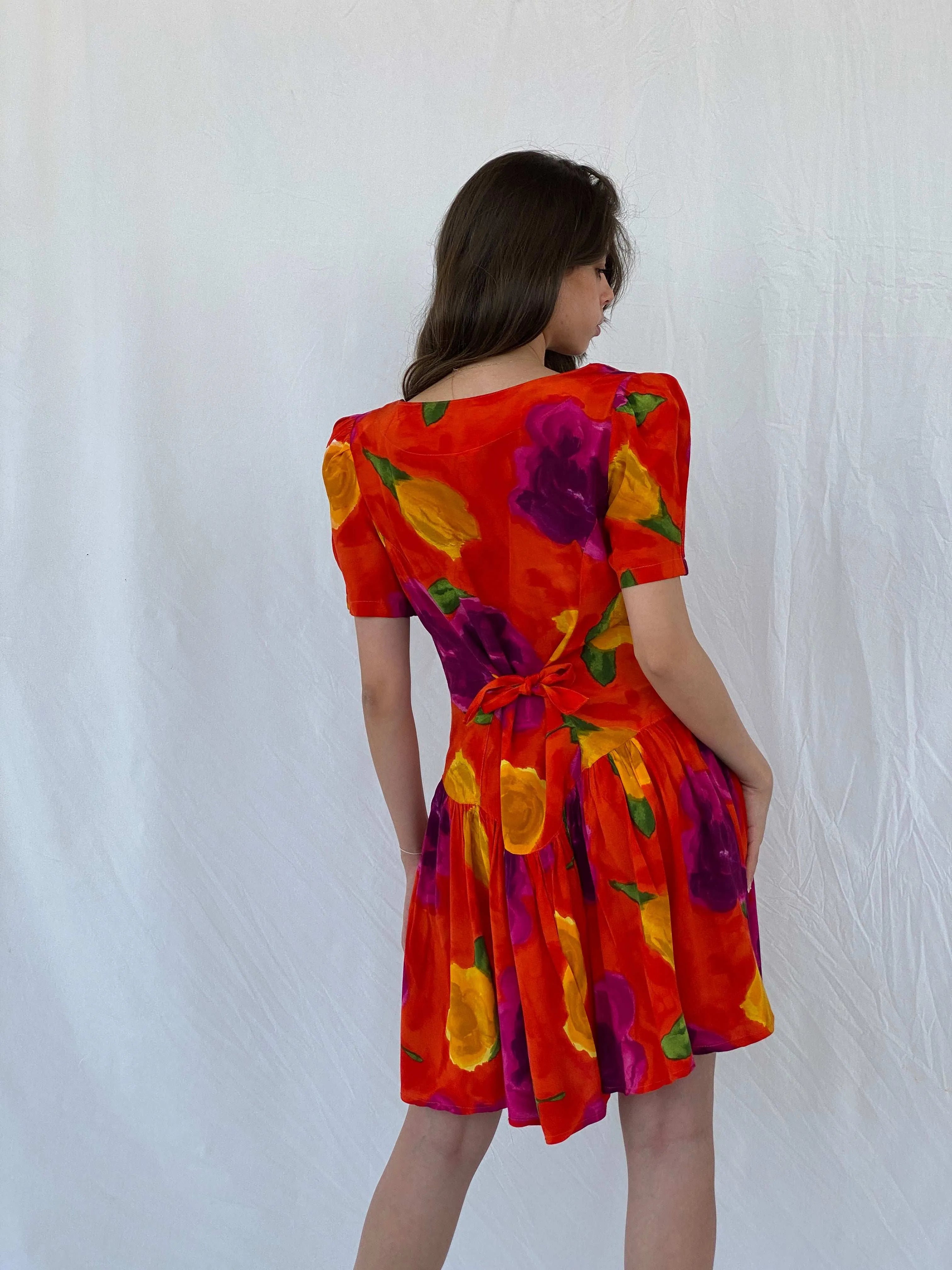 Vintage 80s La Li T Orange Floral Midi Dress - L - Balagan Vintage Midi Dress 80s, floral dress, midi dress, Mira, Wedding Guest