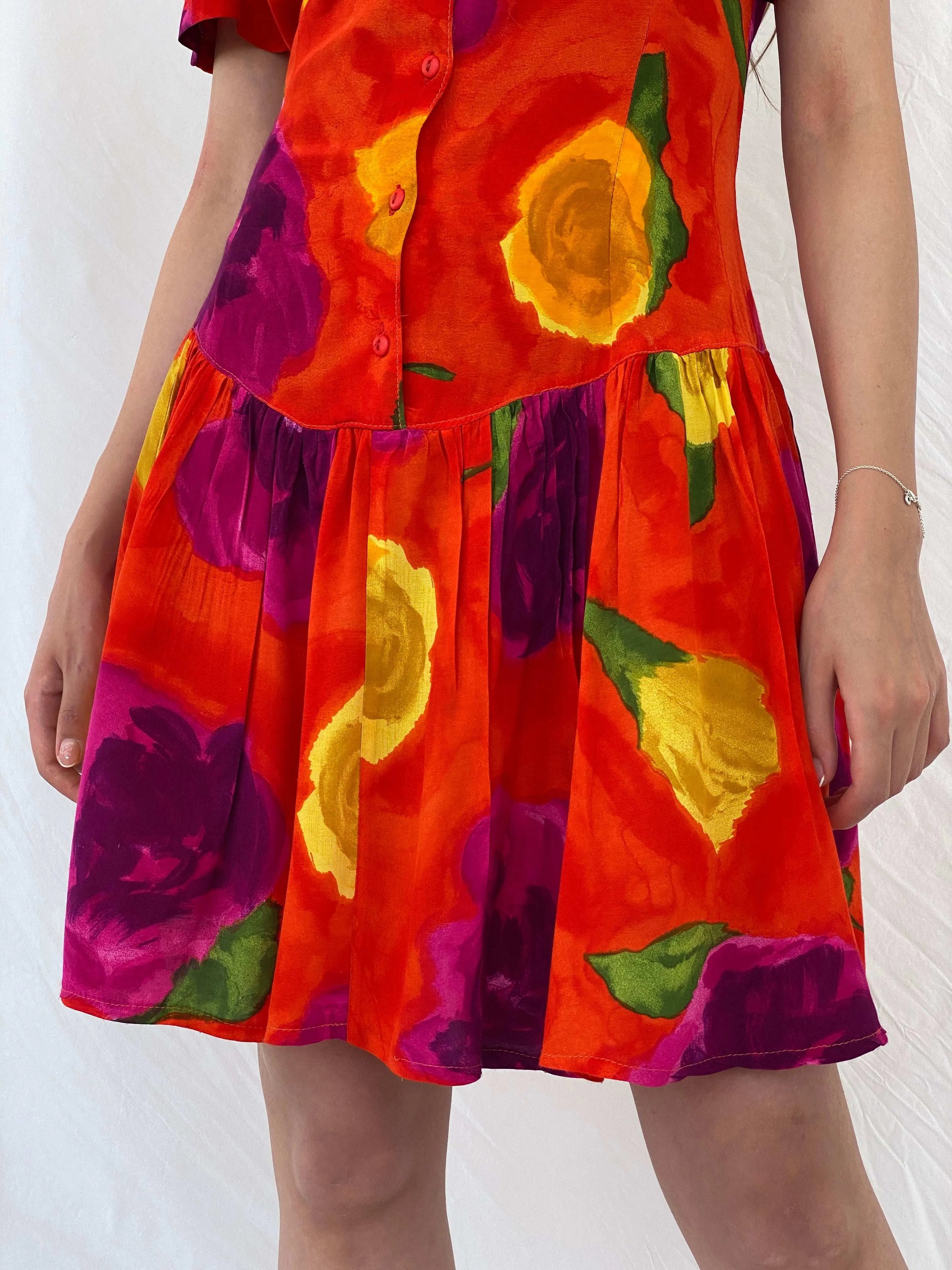 Vintage 80s La Li T Orange Floral Midi Dress - L - Balagan Vintage Midi Dress 80s, floral dress, midi dress, Mira, Wedding Guest