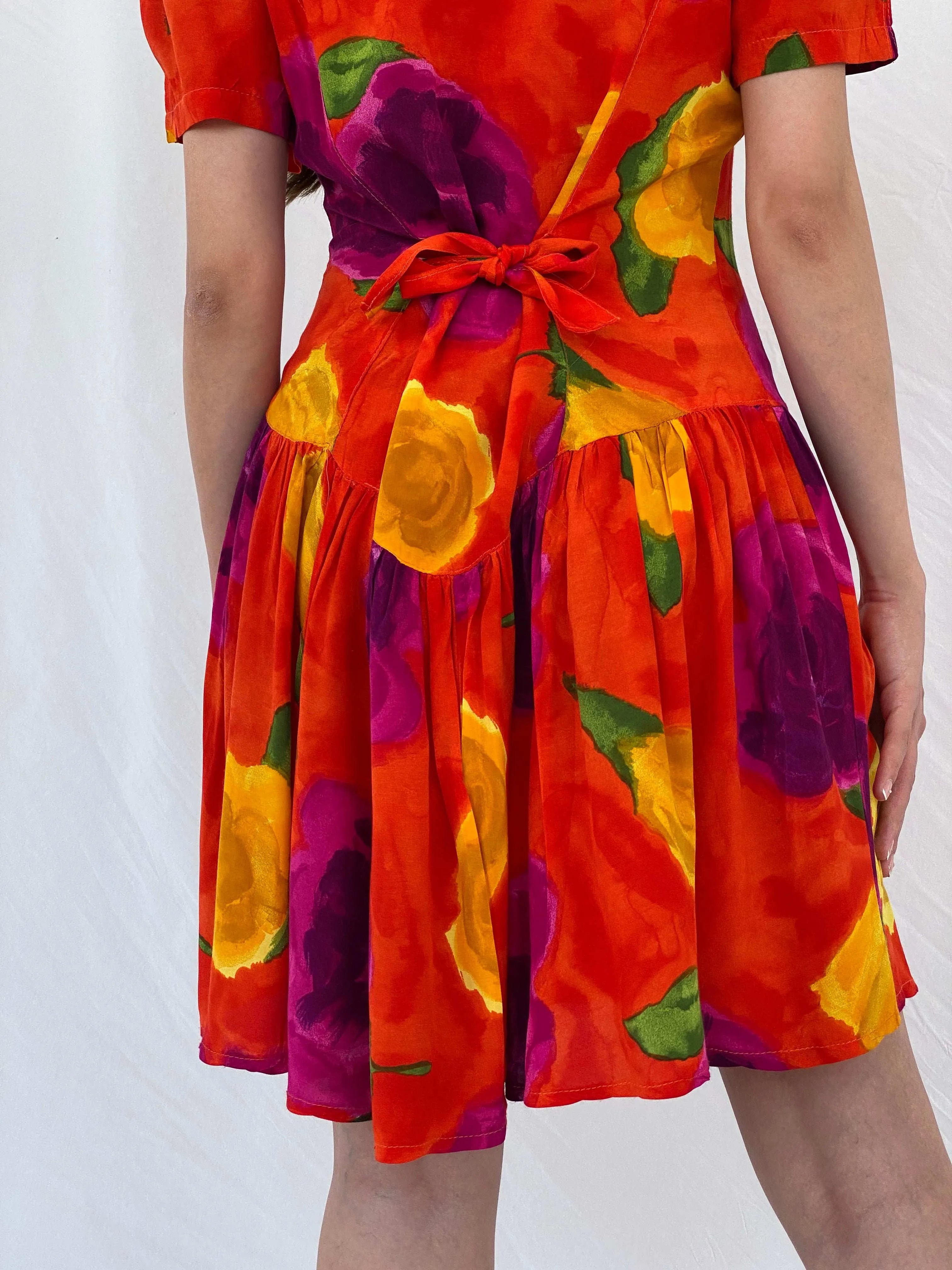 Vintage 80s La Li T Orange Floral Midi Dress - L - Balagan Vintage Midi Dress 80s, floral dress, midi dress, Mira, Wedding Guest