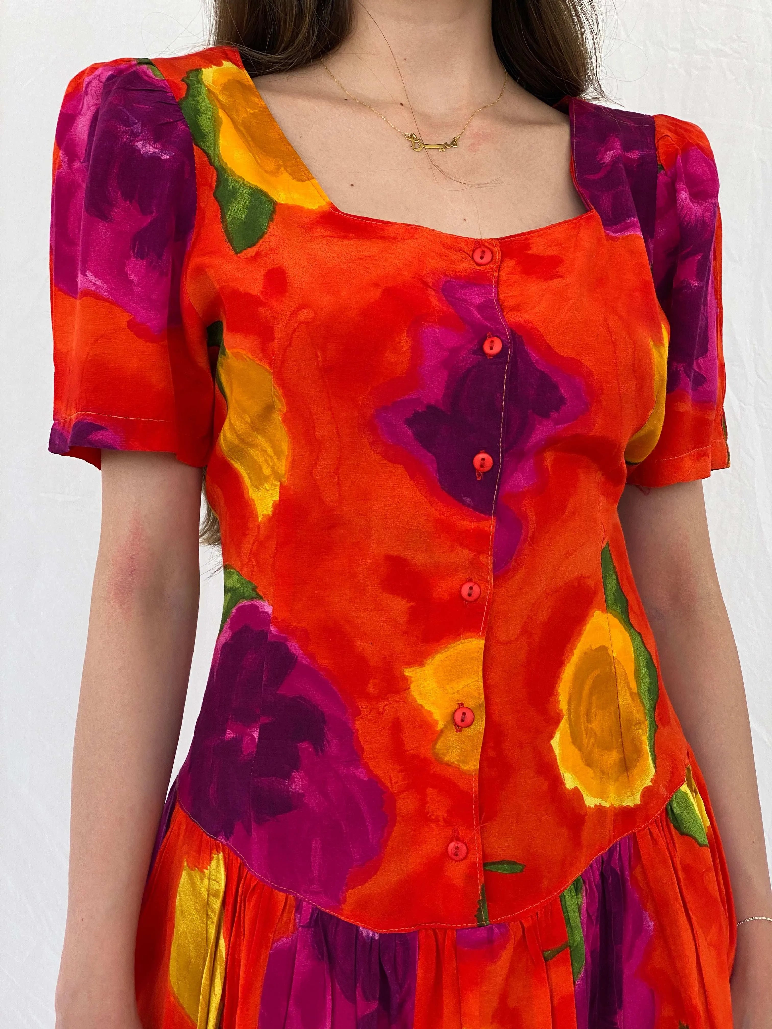 Vintage 80s La Li T Orange Floral Midi Dress - L - Balagan Vintage Midi Dress 80s, floral dress, midi dress, Mira, Wedding Guest
