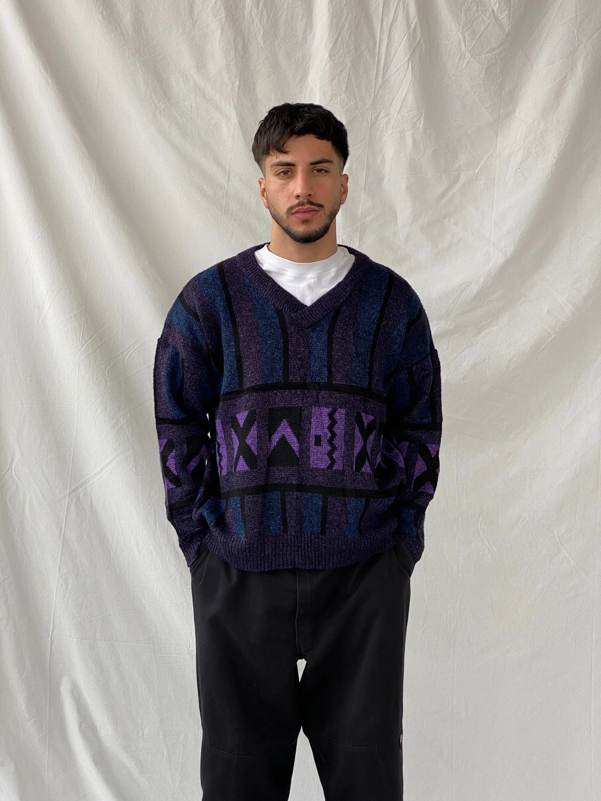 Vintage 80s Pegasus Purple Blue V-Neck Wool Blend Geometric Print Sweater - M - Balagan Vintage Sweater 90s, Hamza, knit, knitted, knitted sweater, men, streetwear, vintage, vintage sweater, winter