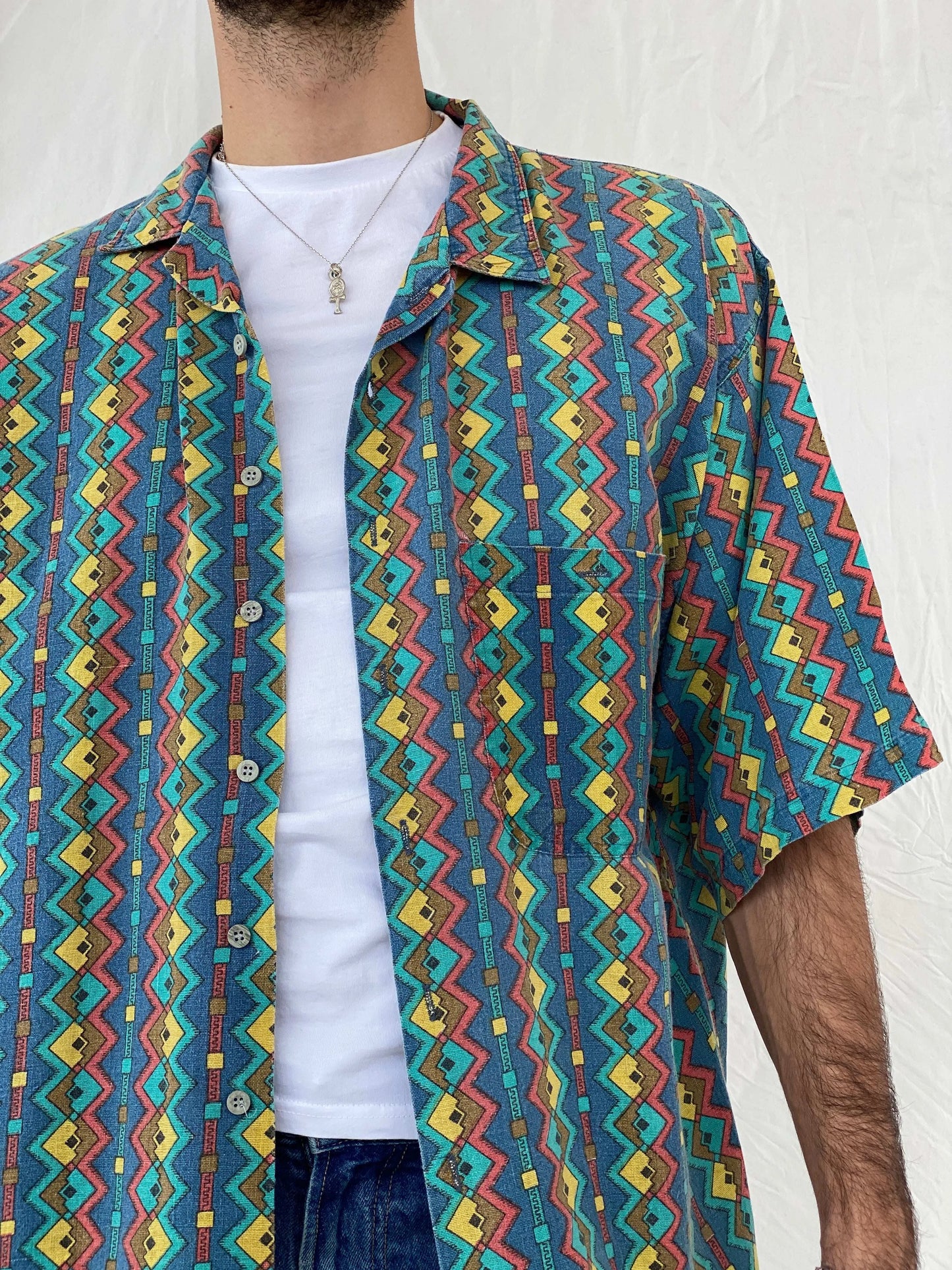 Vintage 80s Pier Connection Geometric Multi-Colored Shirt Size XL - Balagan Vintage Half Sleeve Shirt 80s, Awsam, half sleeve shirt, mens shirt, printed shirt