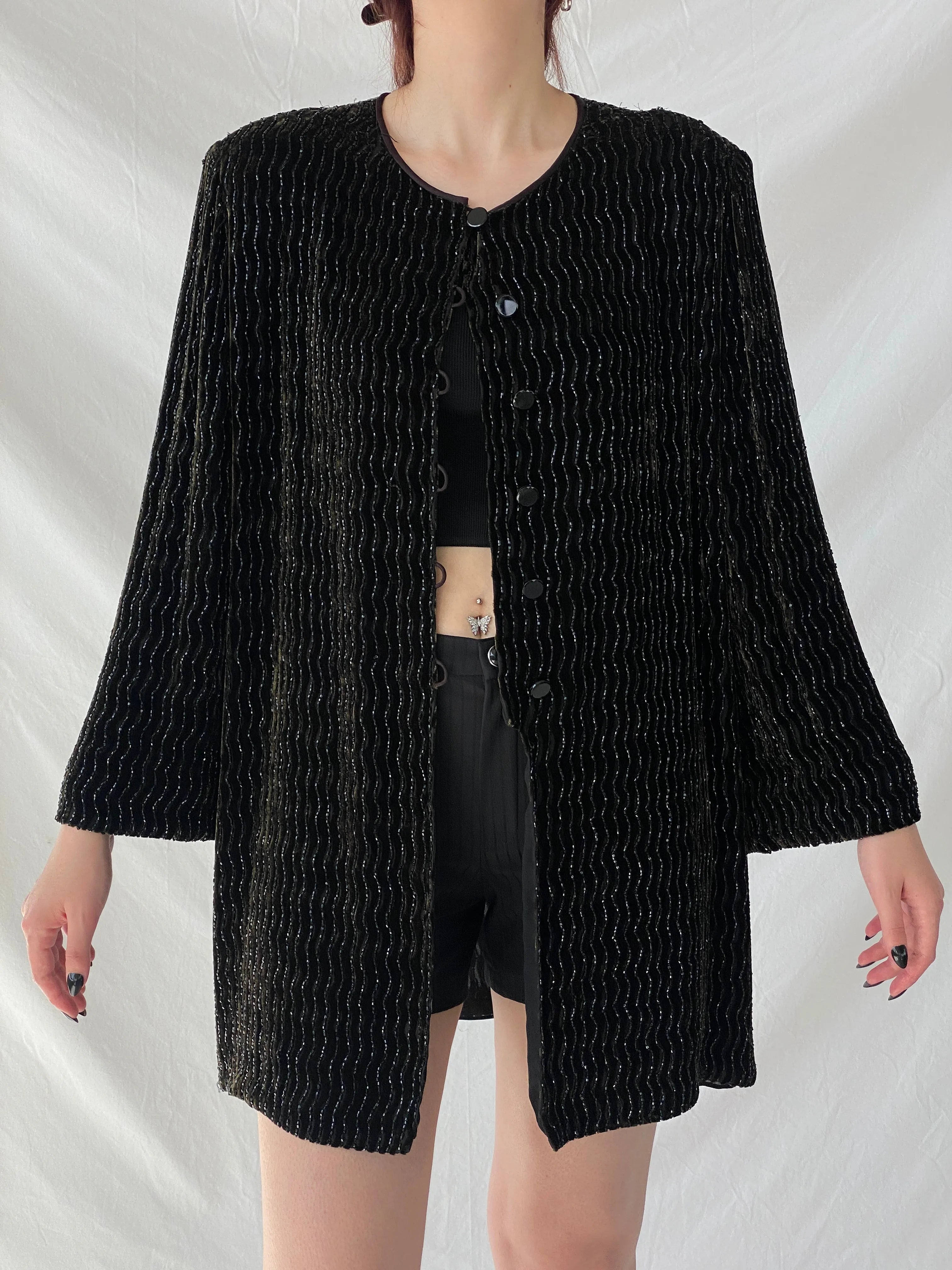 Vintage 80s Rickie Freeman for Teri Jon Nite Dark Green Black Beaded Blazer Silk Blend Party Jacket - L - Balagan Vintage Blazer 00s, Ayah, beaded, blazer, full sleeve blazer, NEW IN, vintage blazer