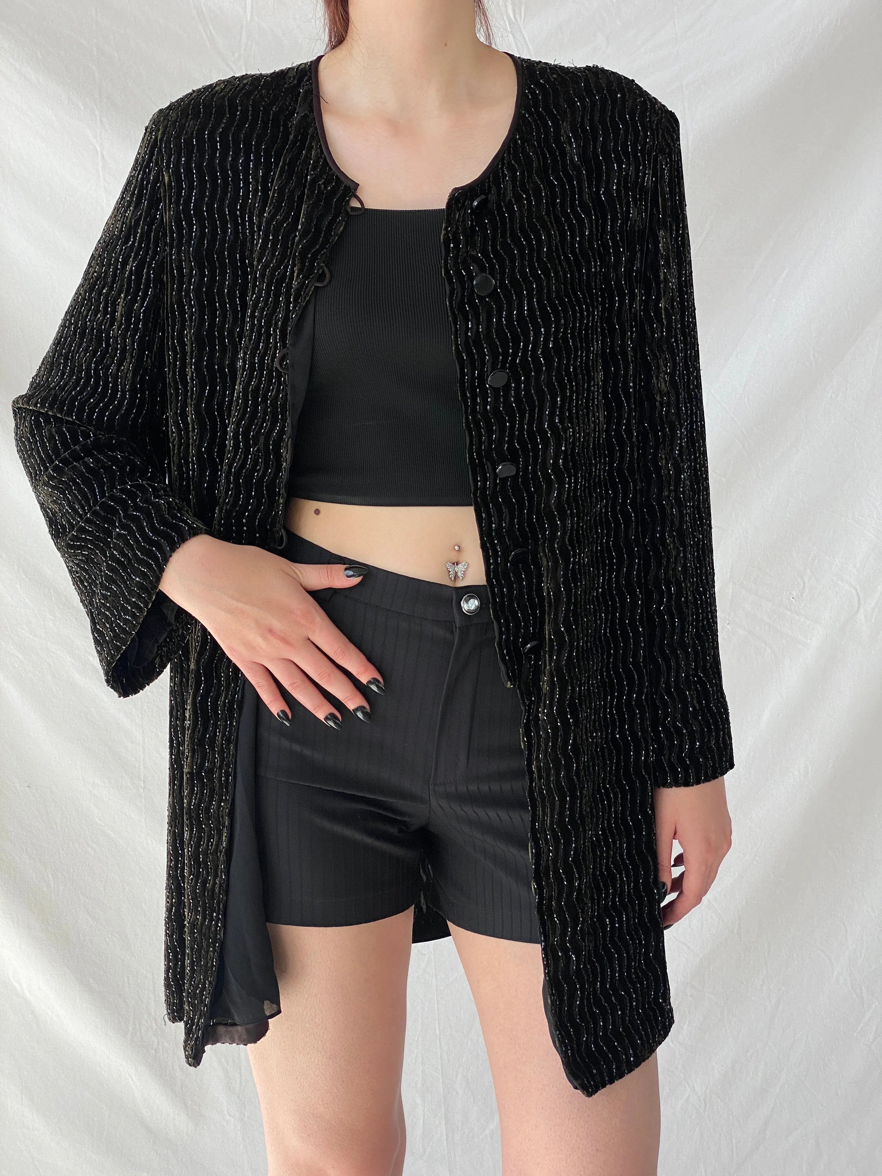 Vintage 80s Rickie Freeman for Teri Jon Nite Dark Green Black Beaded Blazer Silk Blend Party Jacket - L - Balagan Vintage Blazer 00s, Ayah, beaded, blazer, full sleeve blazer, NEW IN, vintage blazer