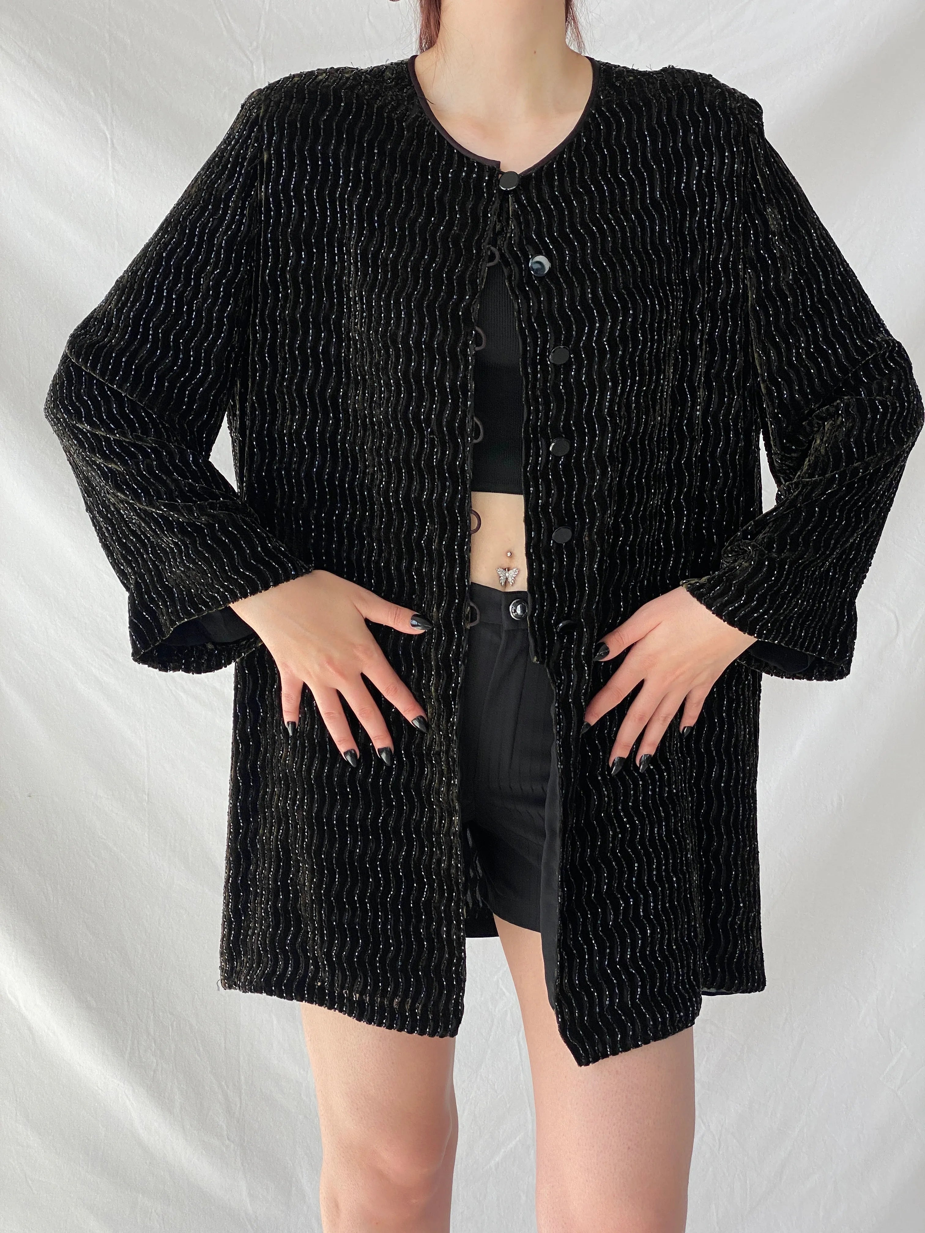 Vintage 80s Rickie Freeman for Teri Jon Nite Dark Green Black Beaded Blazer Silk Blend Party Jacket - L - Balagan Vintage Blazer 00s, Ayah, beaded, blazer, full sleeve blazer, NEW IN, vintage blazer