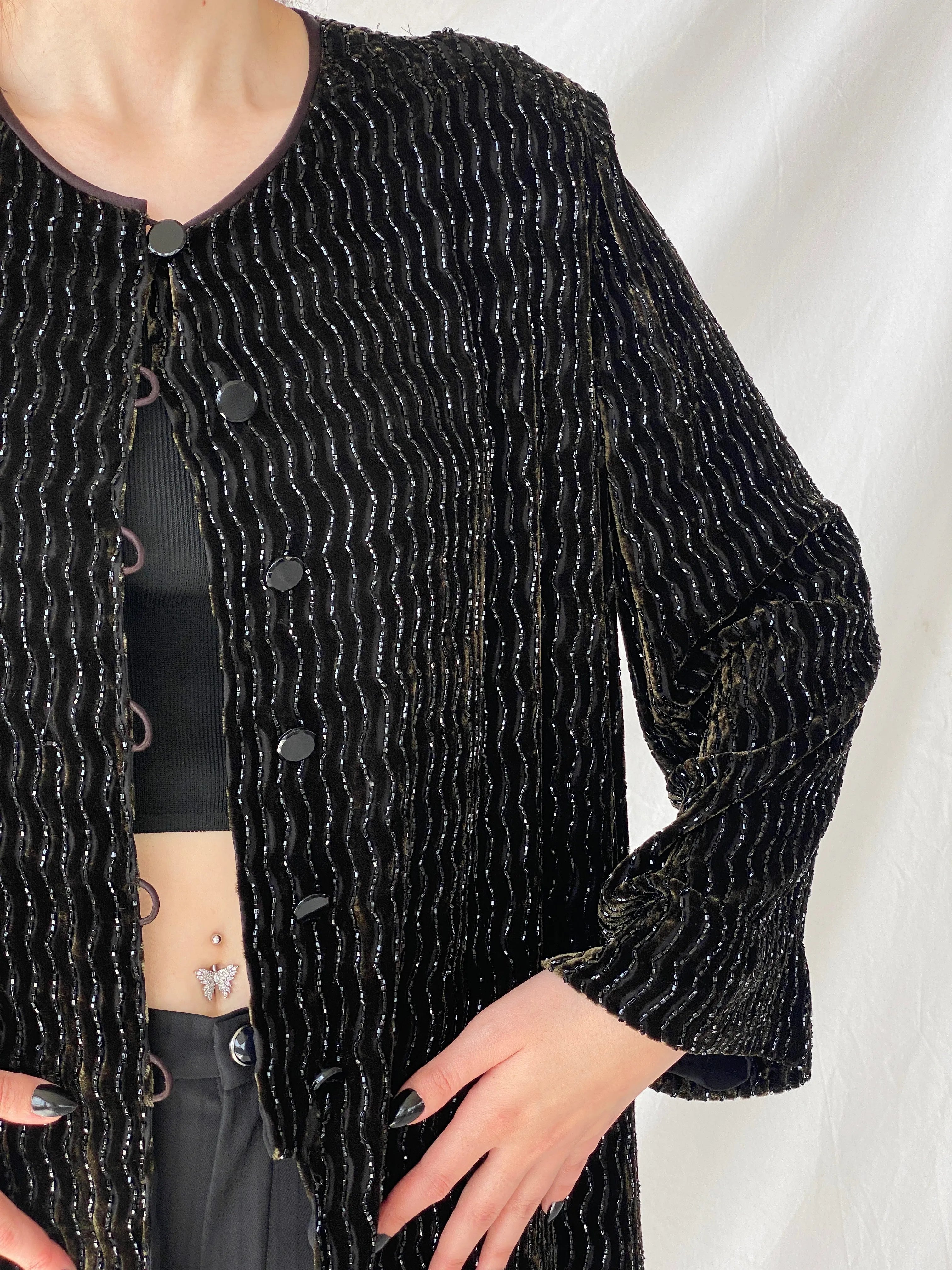 Vintage 80s Rickie Freeman for Teri Jon Nite Dark Green Black Beaded Blazer Silk Blend Party Jacket - L - Balagan Vintage Blazer 00s, Ayah, beaded, blazer, full sleeve blazer, NEW IN, vintage blazer