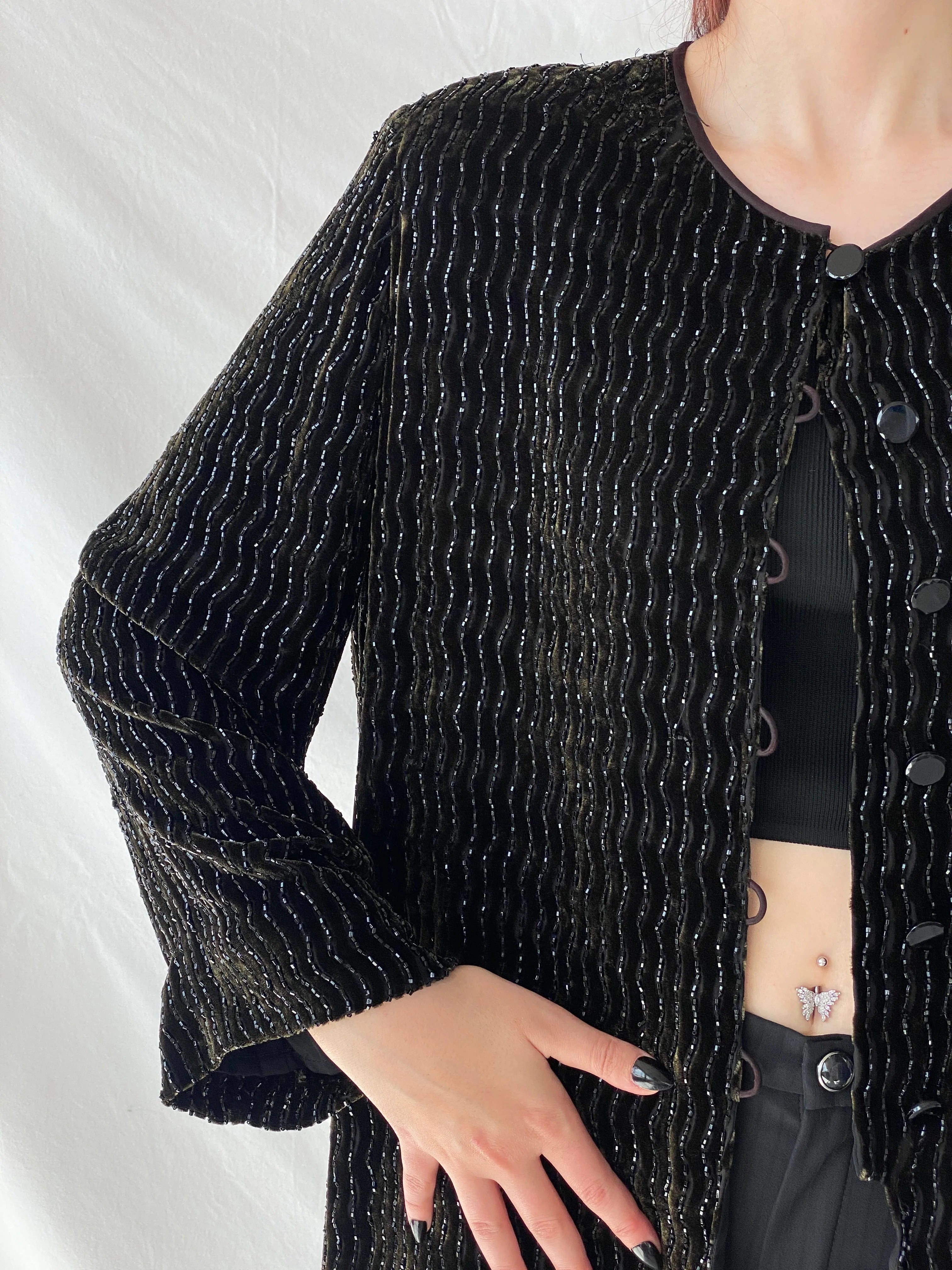 Vintage 80s Rickie Freeman for Teri Jon Nite Dark Green Black Beaded Blazer Silk Blend Party Jacket - L - Balagan Vintage Blazer 00s, Ayah, beaded, blazer, full sleeve blazer, NEW IN, vintage blazer