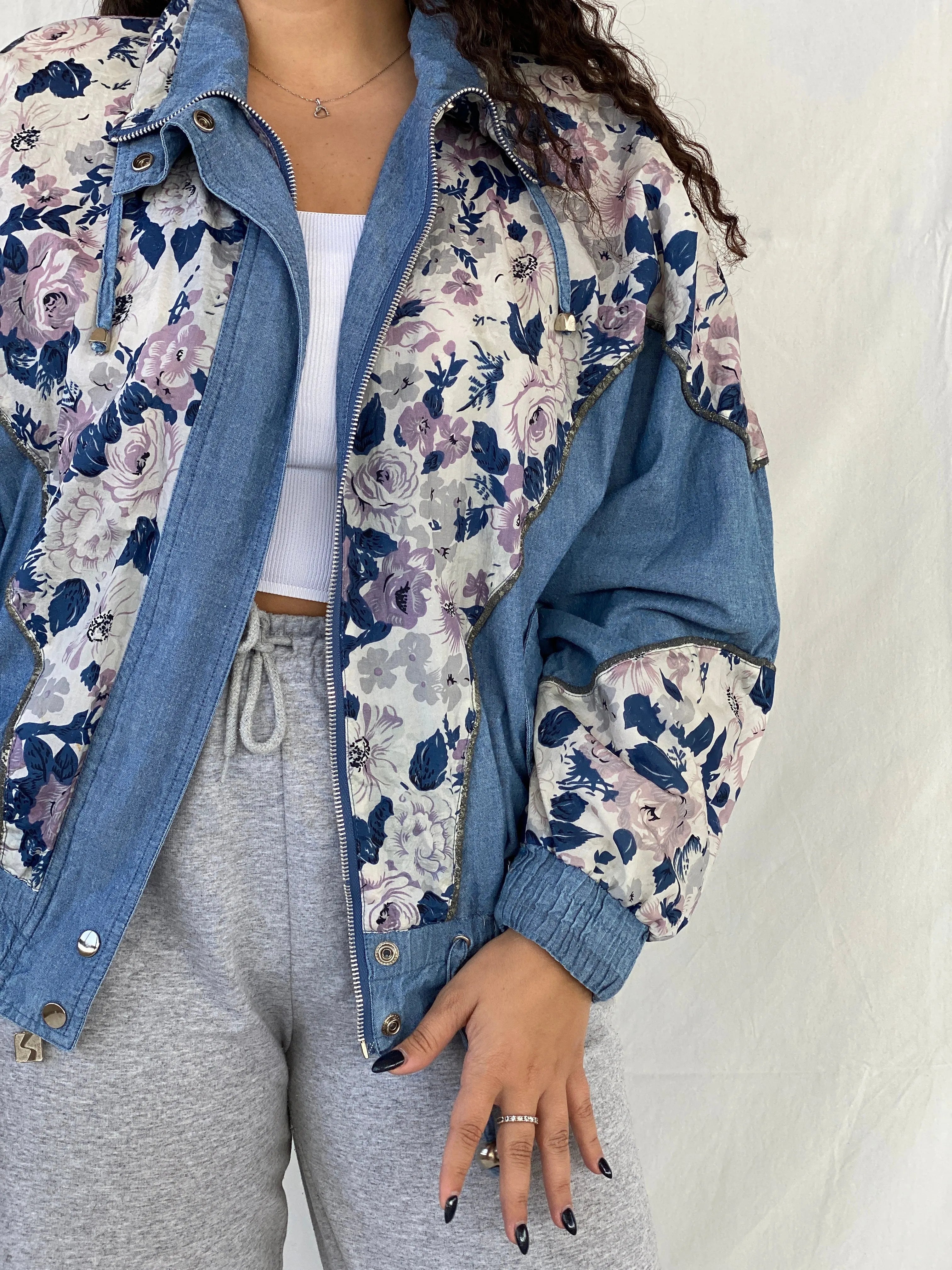 Vintage 80s/90s Active Stuff Floral Blue Windbreaker Sports Jacket - M - Balagan Vintage Windbreaker Jacket 00s, 90s, Coats&Jackets, Dina, vintage windbreaker, windbreaker, windbreaker jacket, Women's Windbreaker Jackets