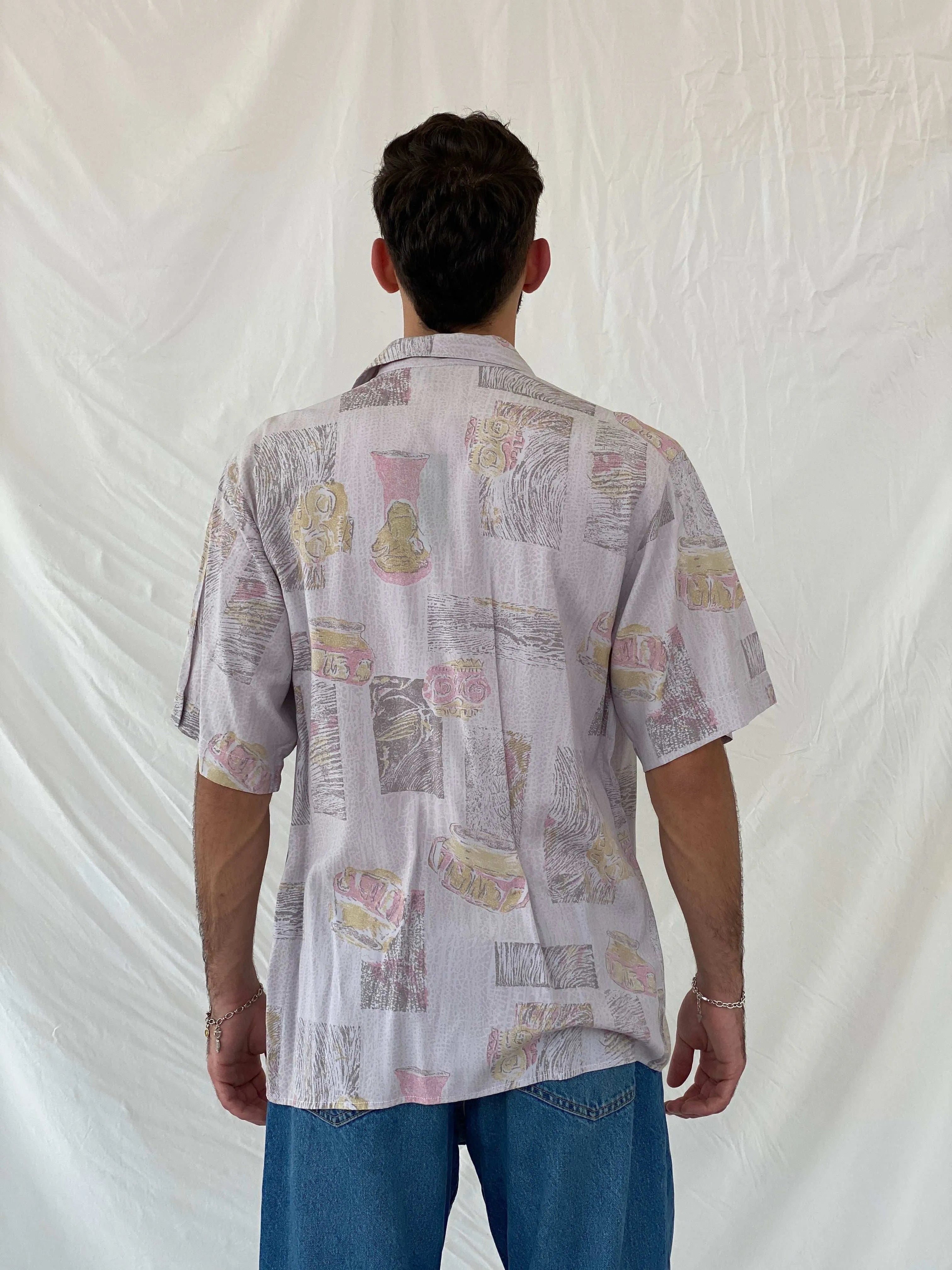 Vintage 80s/90s Euro Fashion Pastel Pink Half Sleeve Shirt Size L/XL - Balagan Vintage Half Sleeve Shirt 80s, Awsam, half sleeve shirt, mens shirt, printed shirt