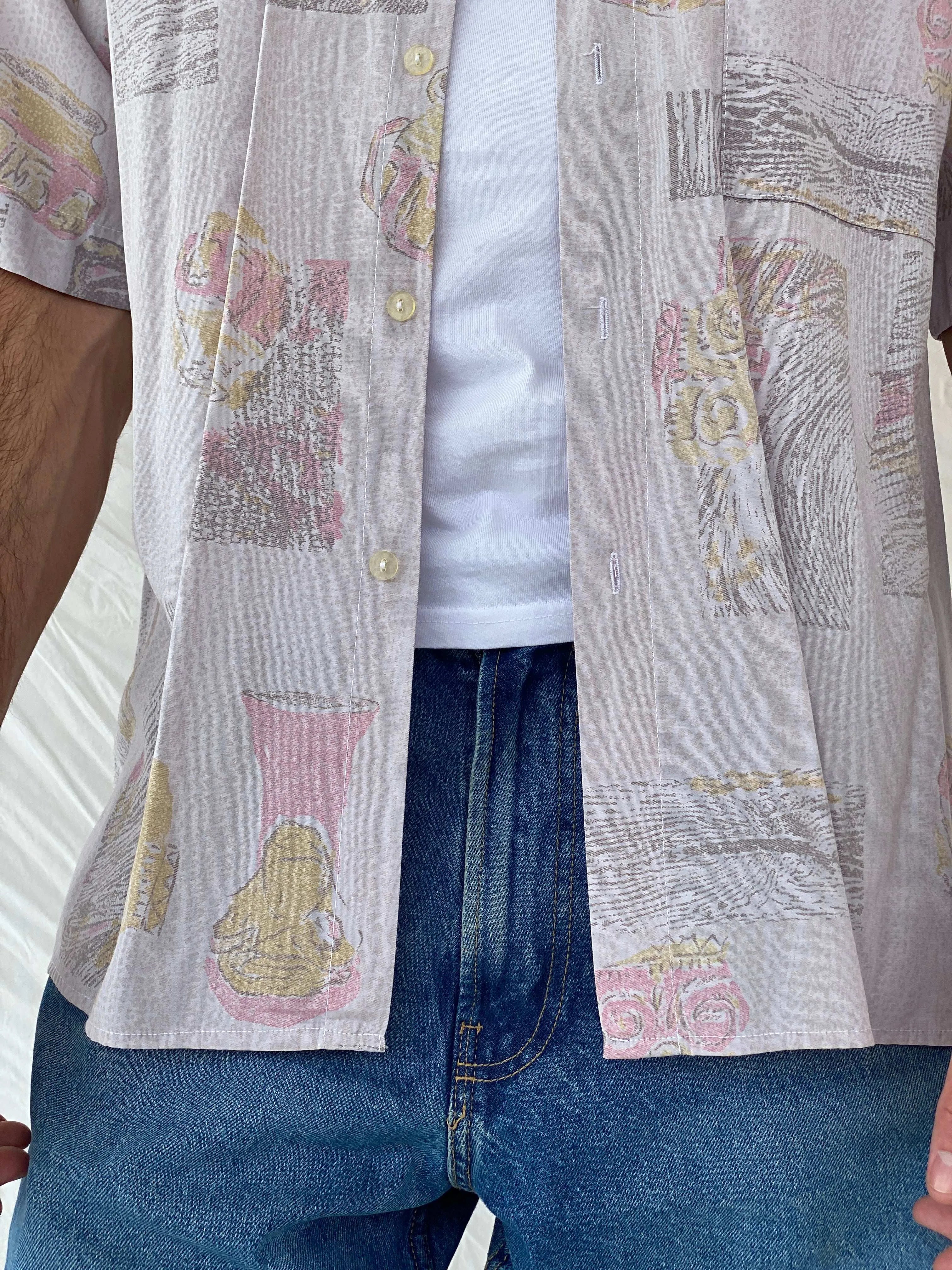 Vintage 80s/90s Euro Fashion Pastel Pink Half Sleeve Shirt Size L/XL - Balagan Vintage Half Sleeve Shirt 80s, Awsam, half sleeve shirt, mens shirt, printed shirt
