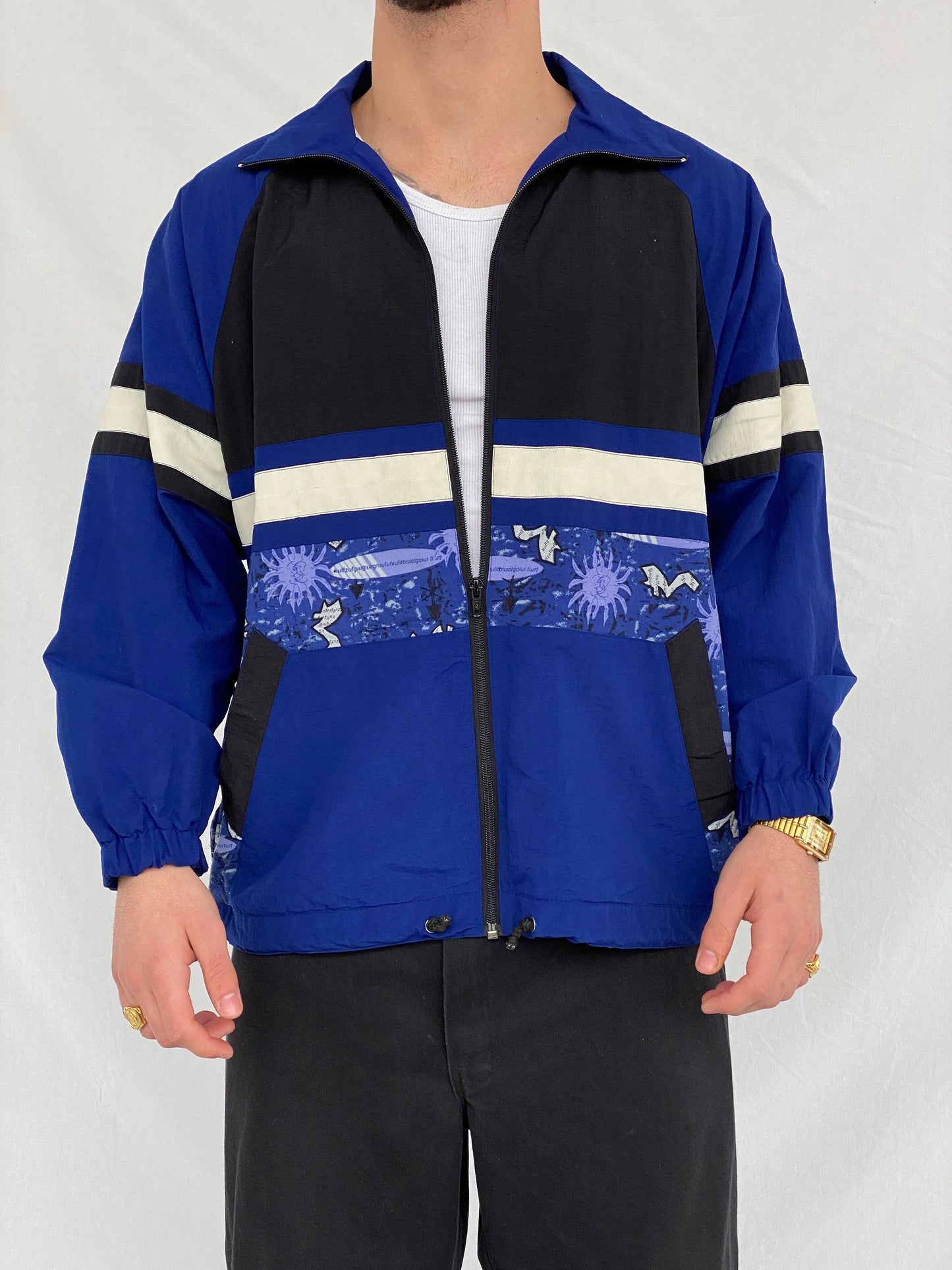 Vintage 80s/90s Formicula Black & Navy Windbreaker Track Jacket - L - Balagan Vintage Windbreaker Jacket consignment, Hamza, Tasnim, vintage windbreaker, windbreaker, windbreaker jacket, winter