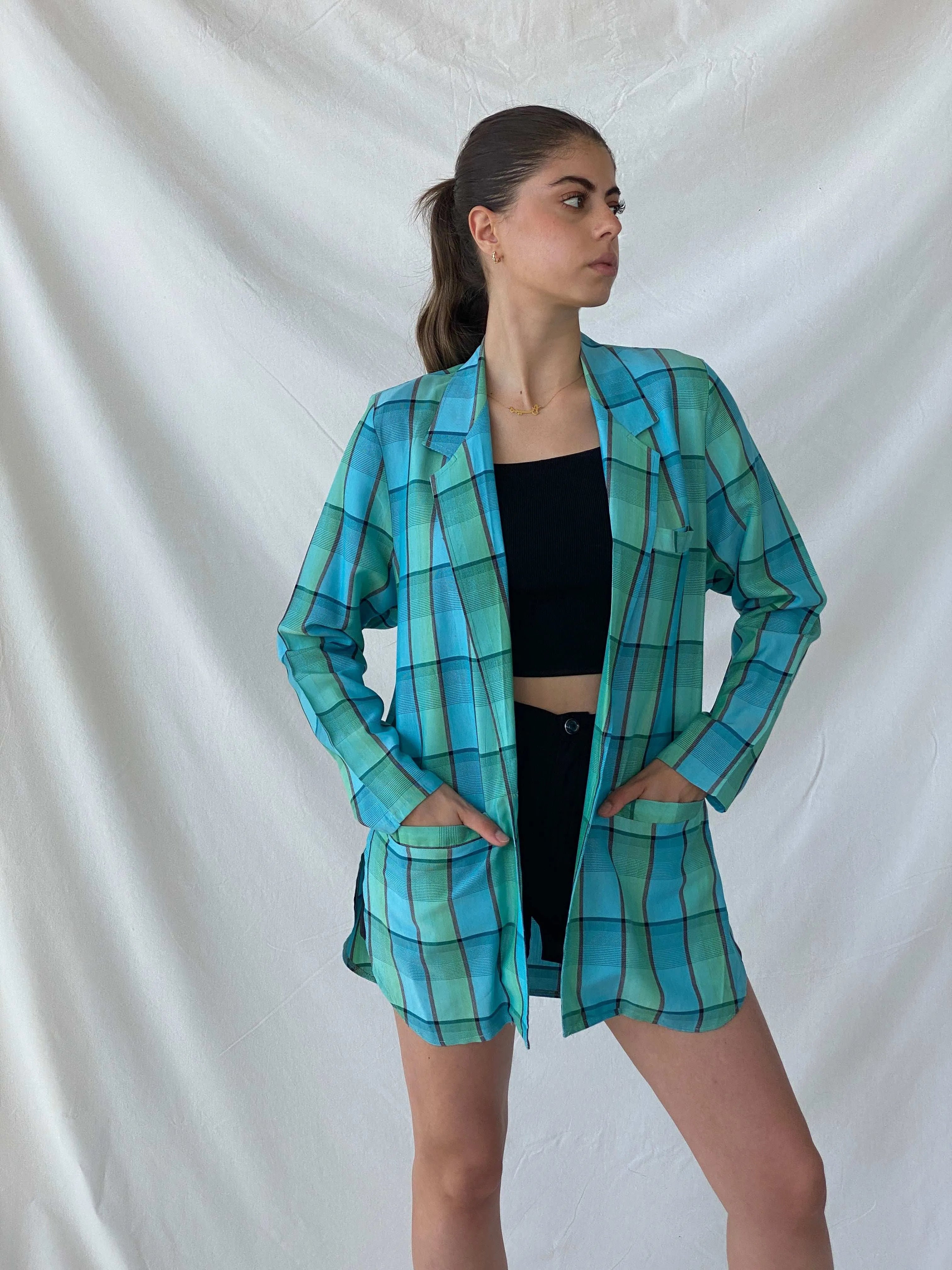 Vintage 80s/90s Instant Shop Green & Blue Plaid Oversized Blazer - L - Balagan Vintage Blazer 00s, blazer, full sleeve blazer, Mira, plaid, plaid blazer