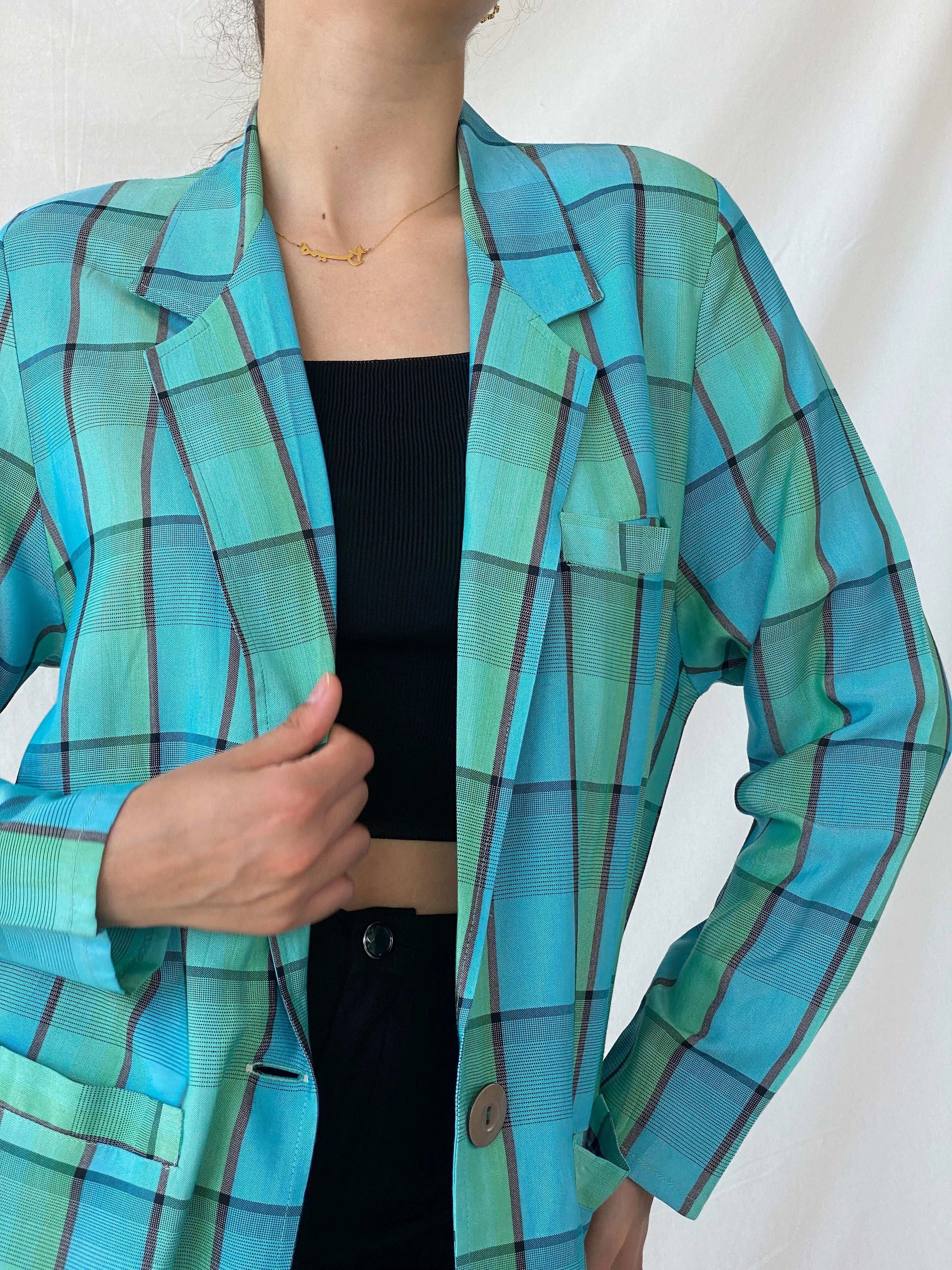Vintage 80s/90s Instant Shop Green & Blue Plaid Oversized Blazer - L - Balagan Vintage Blazer 00s, blazer, full sleeve blazer, Mira, plaid, plaid blazer