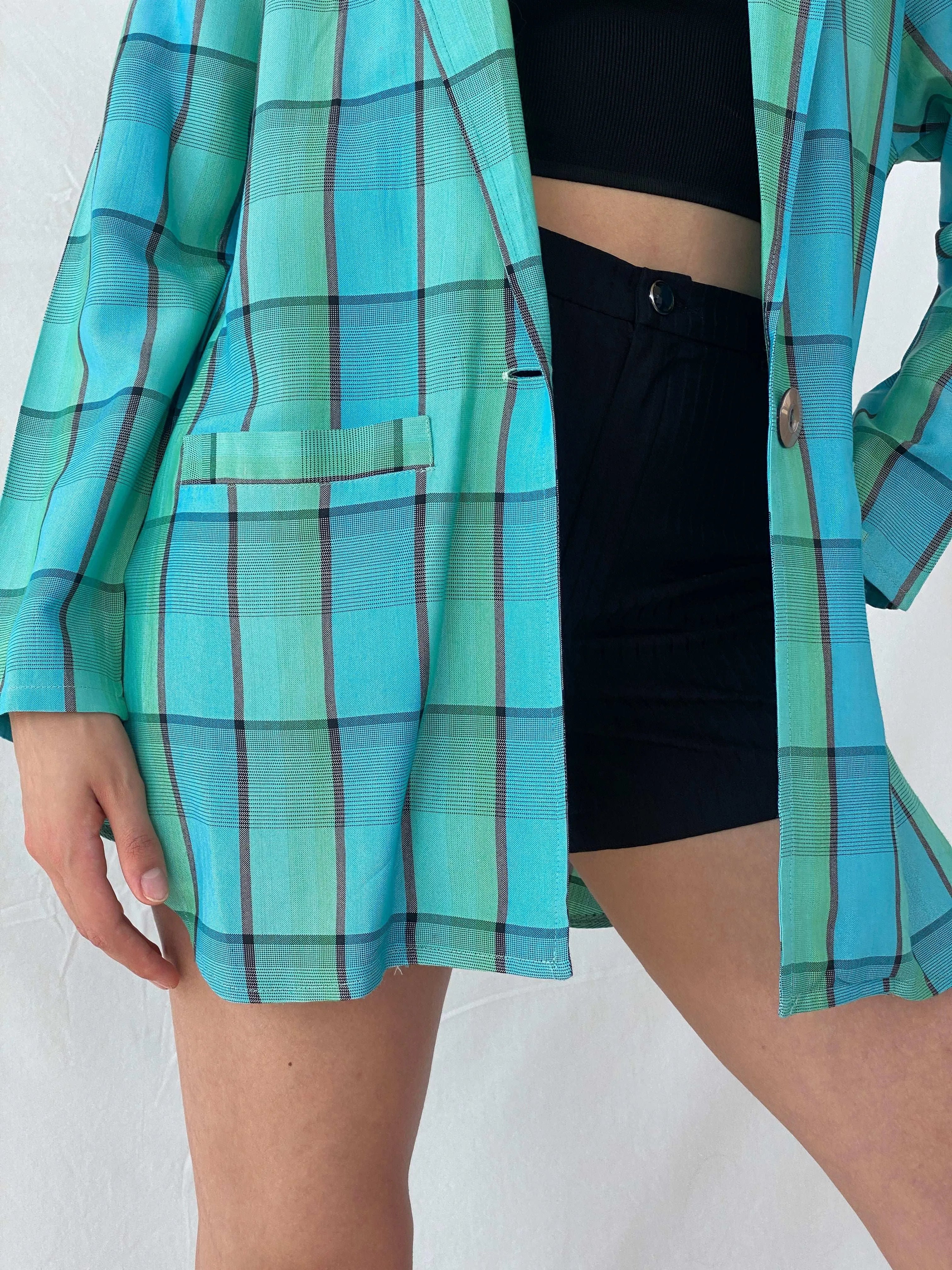 Vintage 80s/90s Instant Shop Green & Blue Plaid Oversized Blazer - L - Balagan Vintage Blazer 00s, blazer, full sleeve blazer, Mira, plaid, plaid blazer