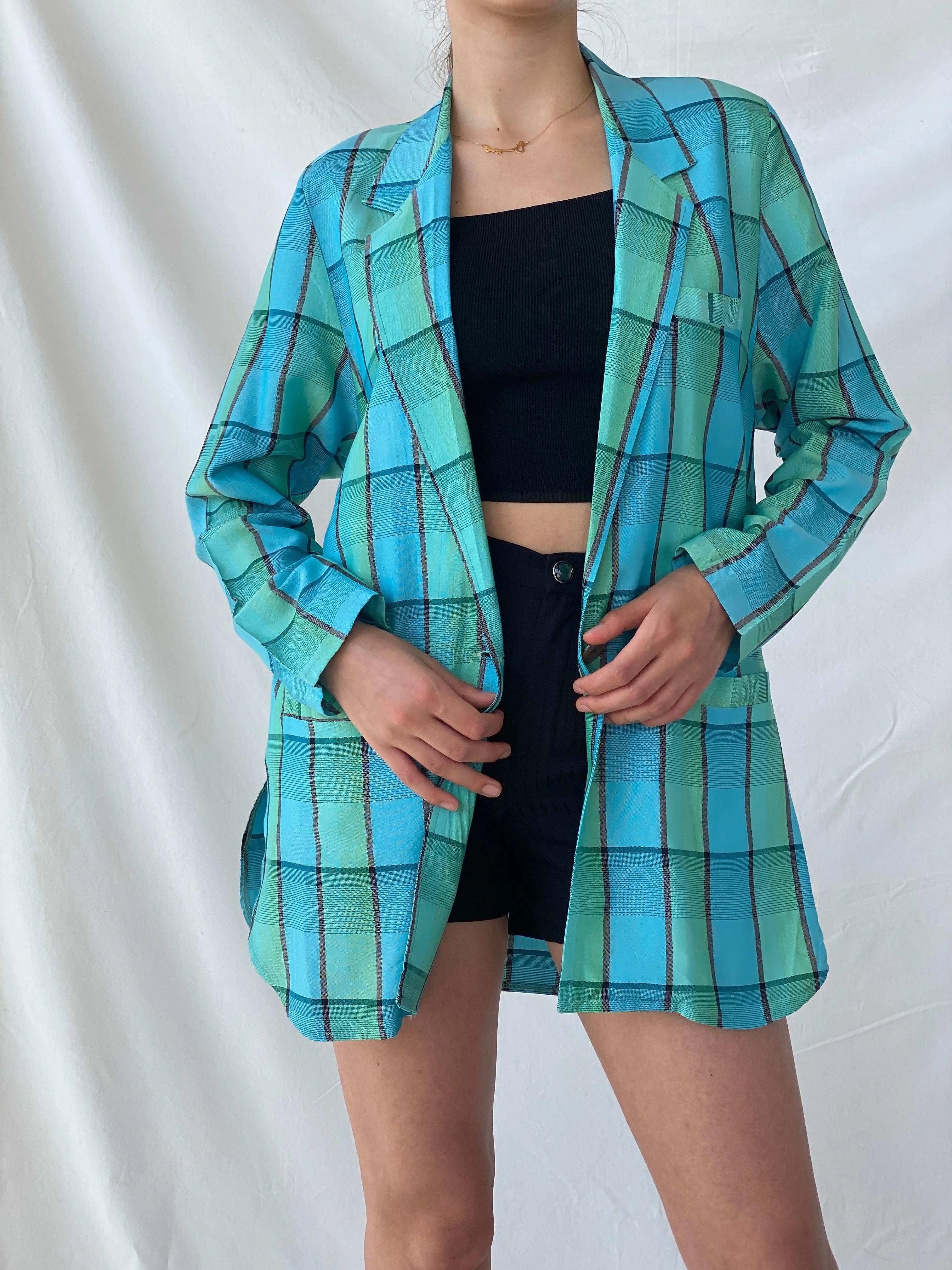 Vintage 80s/90s Instant Shop Green & Blue Plaid Oversized Blazer - L - Balagan Vintage Blazer 00s, blazer, full sleeve blazer, Mira, plaid, plaid blazer