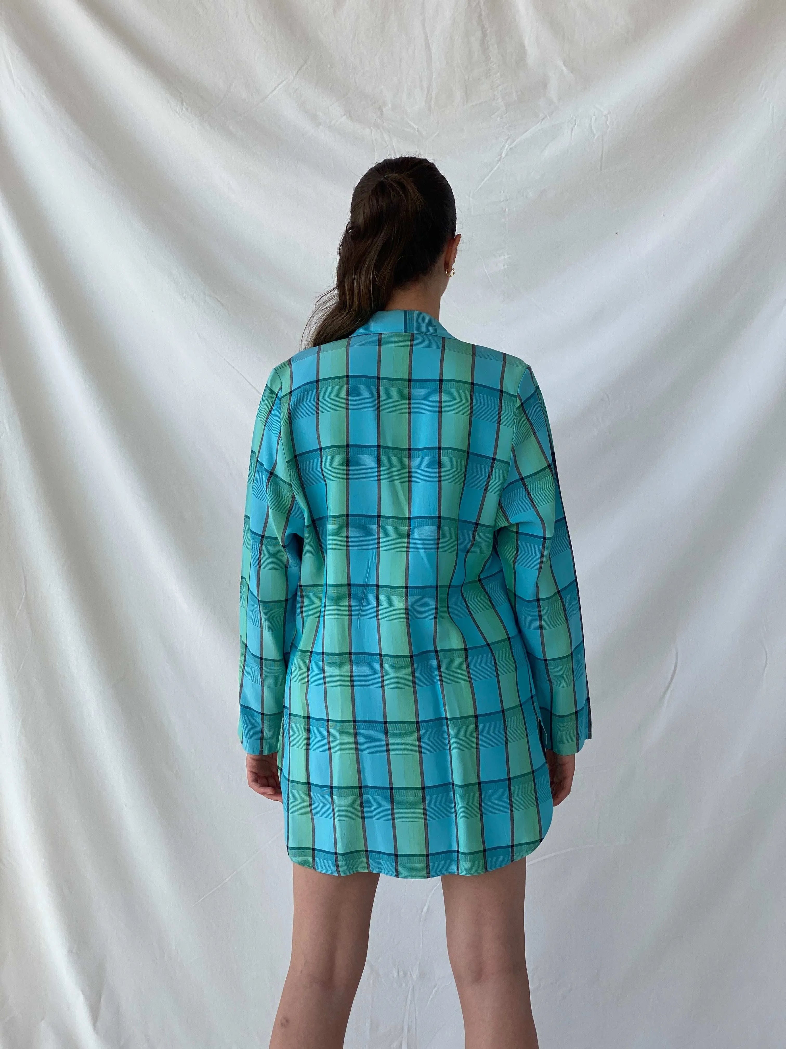 Vintage 80s/90s Instant Shop Green & Blue Plaid Oversized Blazer - L - Balagan Vintage Blazer 00s, blazer, full sleeve blazer, Mira, plaid, plaid blazer