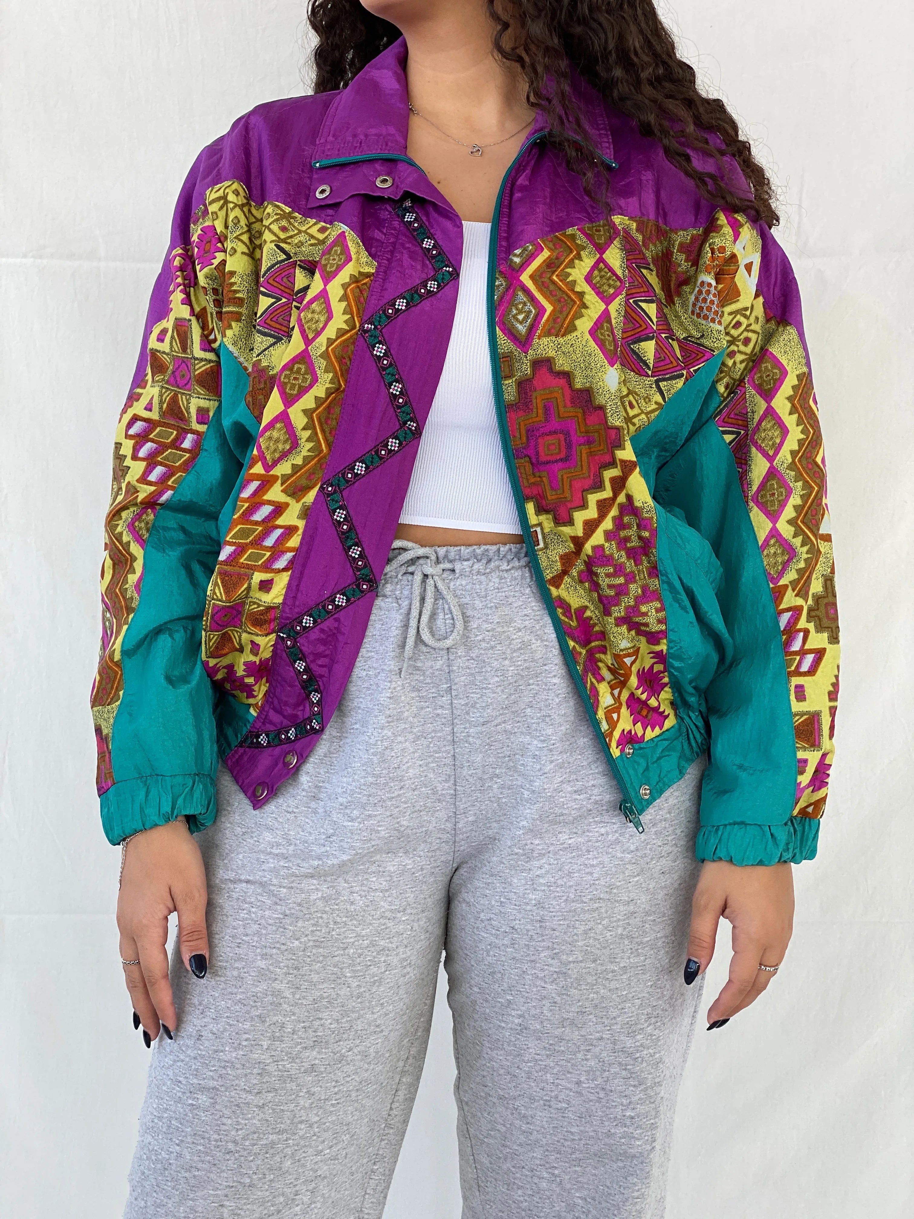 Vintage 80s/90s Lavon by Cheerful Corp Green Tribal Print Windbreaker Track Jacket - S - Balagan Vintage Windbreaker Jacket Coats&Jackets, Dina, windbreaker, windbreaker jacket, Women's Windbreaker Jackets