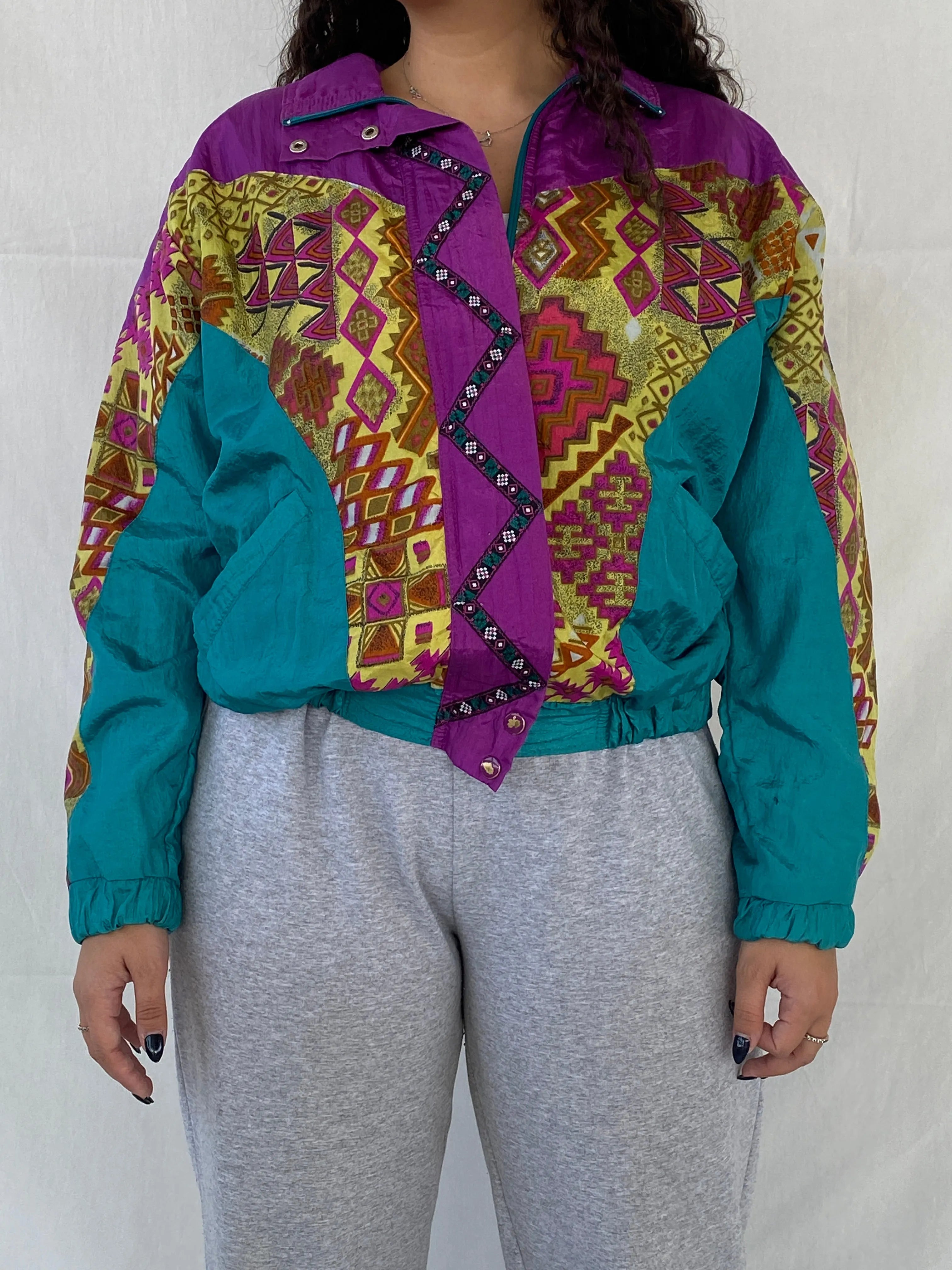 Vintage 80s/90s Lavon by Cheerful Corp Green Tribal Print Windbreaker Track Jacket - S - Balagan Vintage Windbreaker Jacket Coats&Jackets, Dina, windbreaker, windbreaker jacket, Women's Windbreaker Jackets
