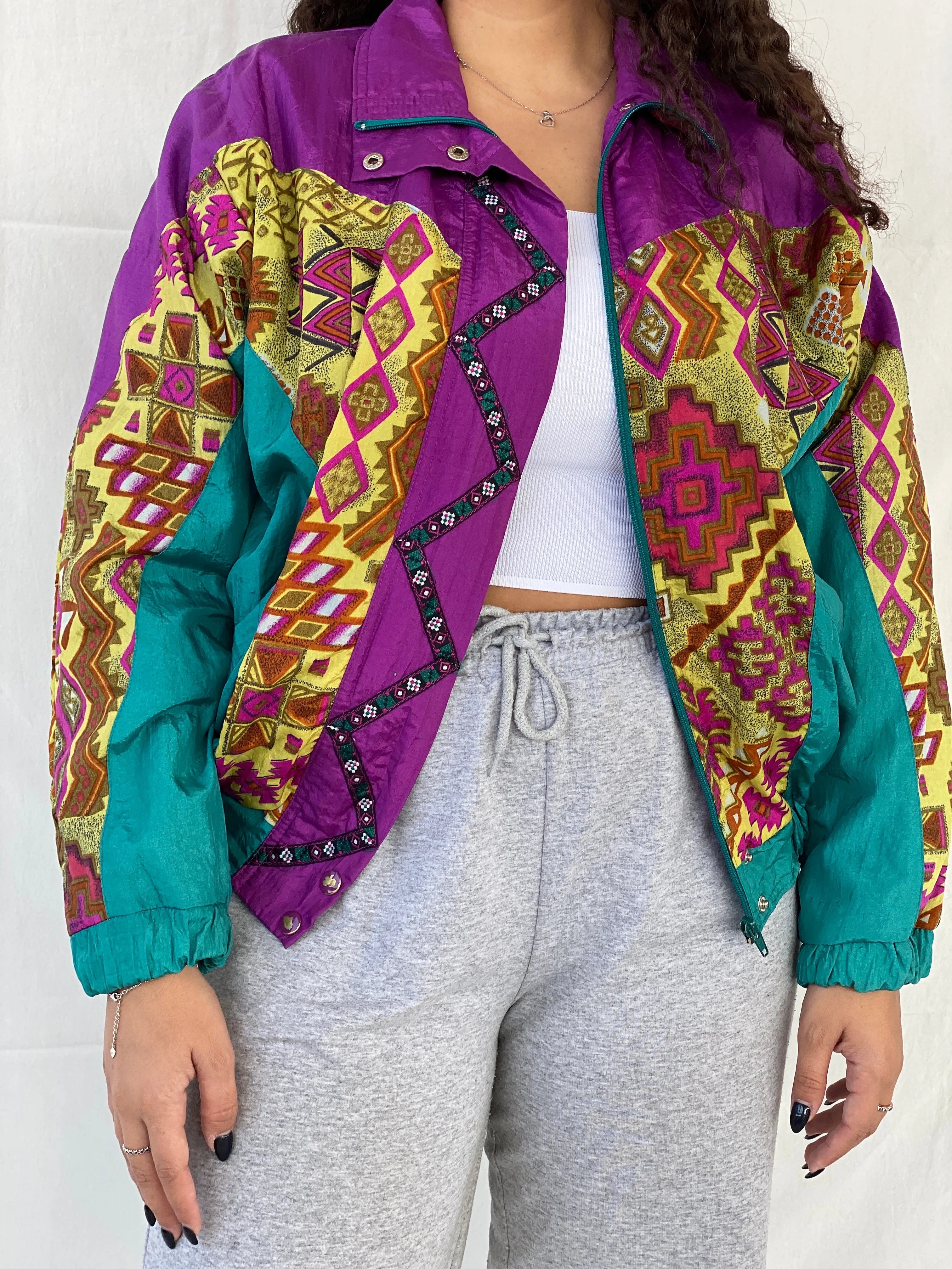 Vintage 80s/90s Lavon by Cheerful Corp Green Tribal Print Windbreaker Track Jacket - S - Balagan Vintage Windbreaker Jacket Coats&Jackets, Dina, windbreaker, windbreaker jacket, Women's Windbreaker Jackets