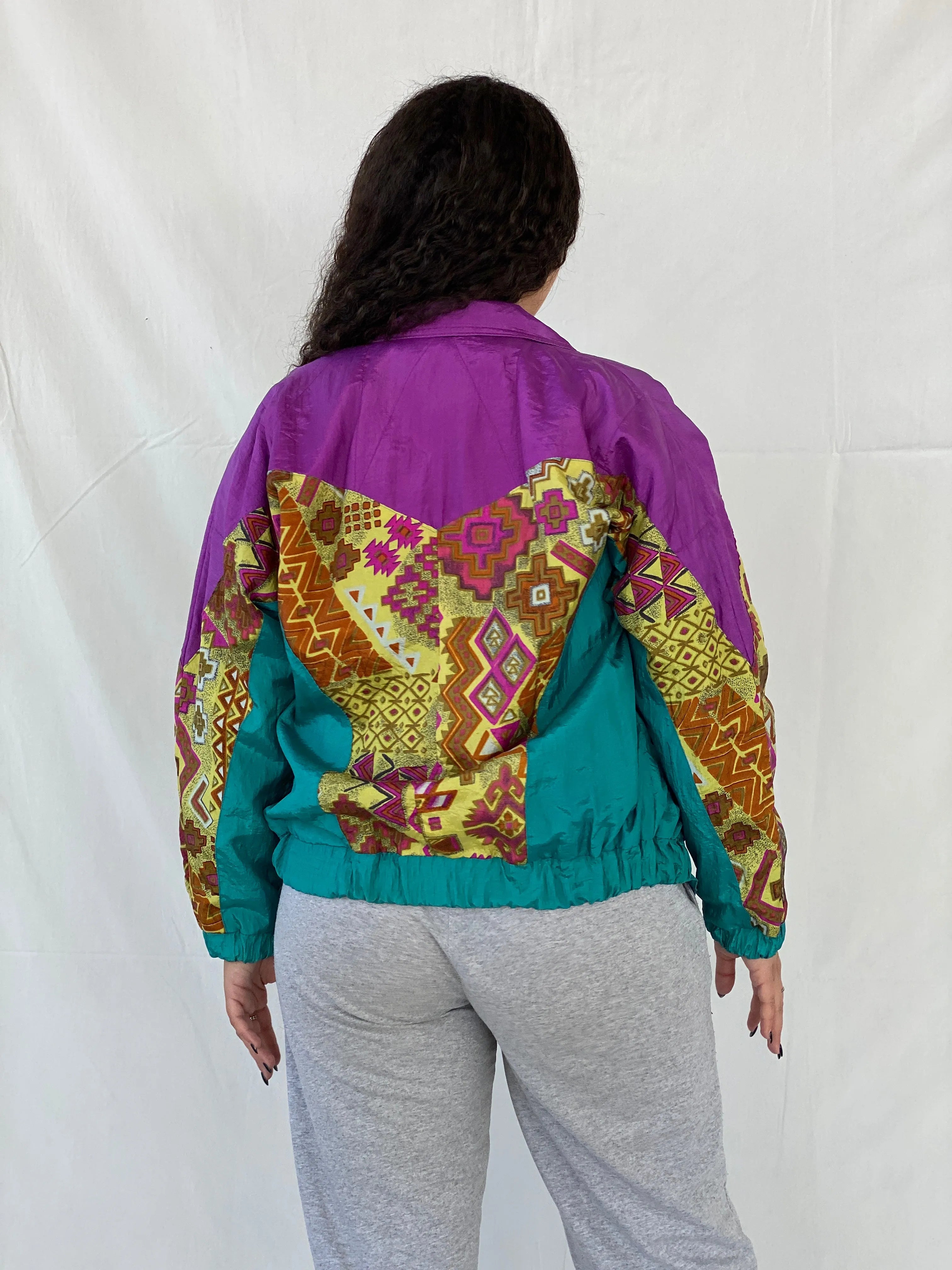 Vintage 80s/90s Lavon by Cheerful Corp Green Tribal Print Windbreaker Track Jacket - S - Balagan Vintage Windbreaker Jacket Coats&Jackets, Dina, windbreaker, windbreaker jacket, Women's Windbreaker Jackets