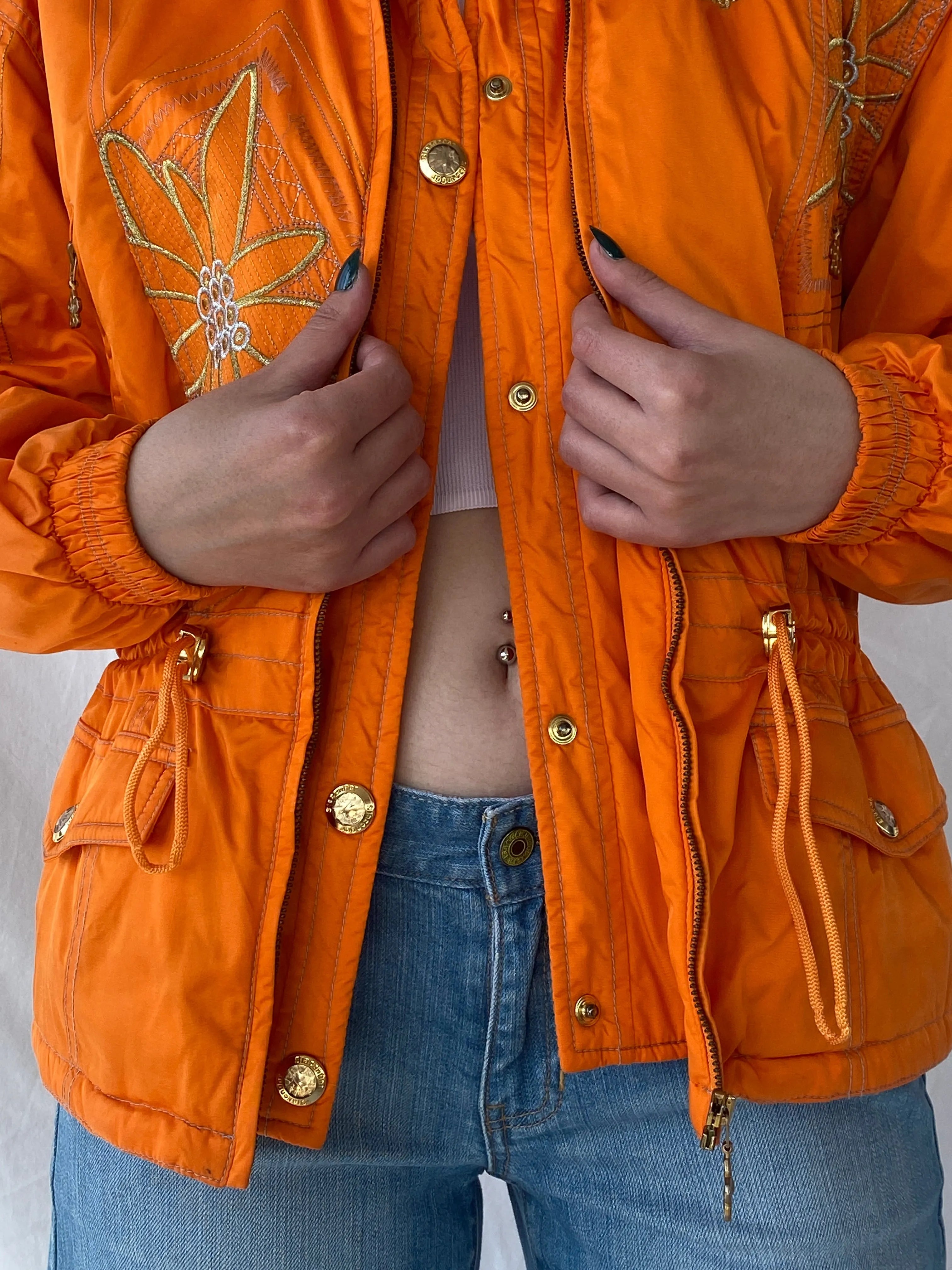 Vintage 80s/90s Slazenger Ski Orange Gold Floral Embellished Puffer Jacket - L - Balagan Vintage Windbreaker Jacket 00s, Ayah, ski jacket, vintage, vintage windbreaker, windbreaker, windbreaker jacket, women