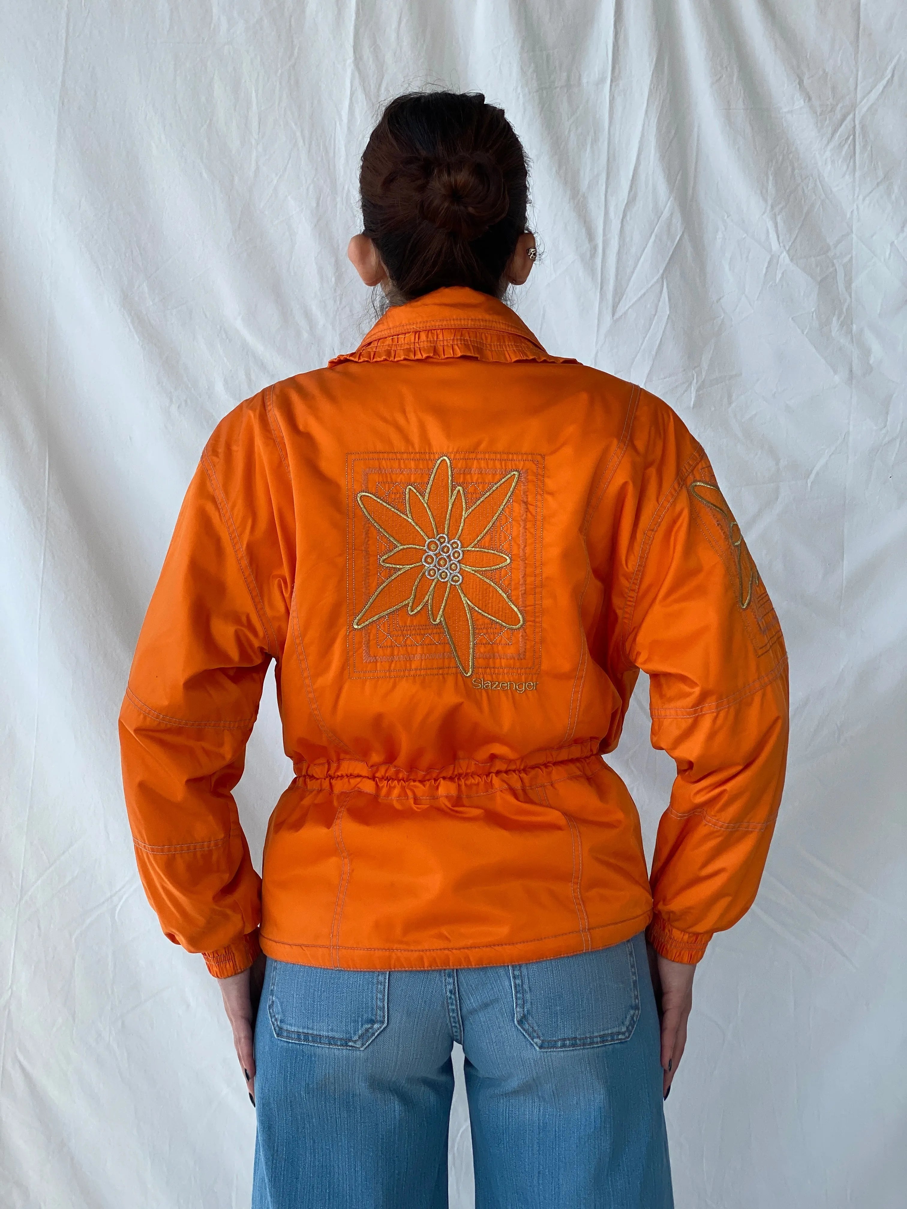 Vintage 80s/90s Slazenger Ski Orange Gold Floral Embellished Puffer Jacket - L - Balagan Vintage Windbreaker Jacket 00s, Ayah, ski jacket, vintage, vintage windbreaker, windbreaker, windbreaker jacket, women
