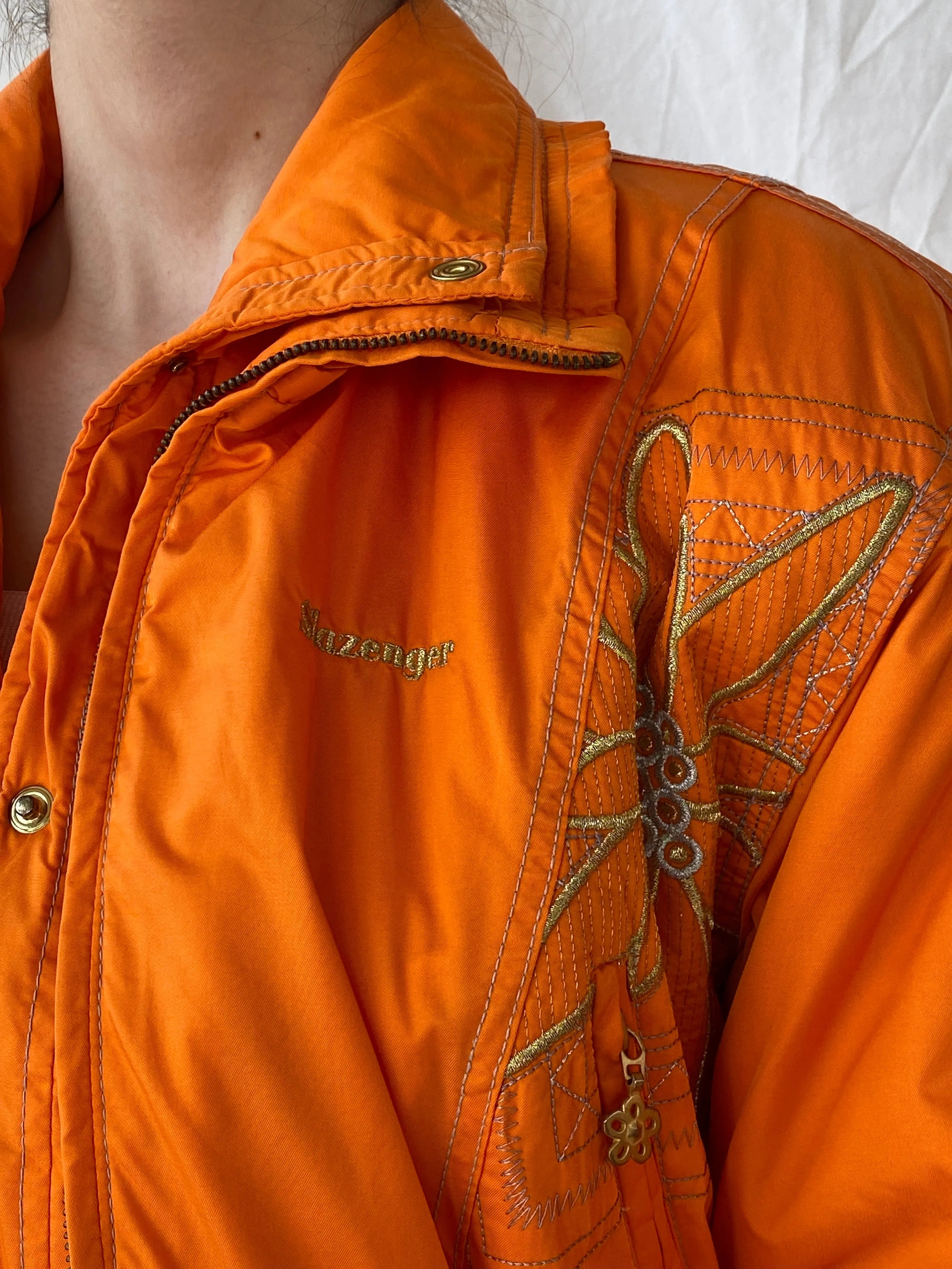 Vintage 80s/90s Slazenger Ski Orange Gold Floral Embellished Puffer Jacket - L - Balagan Vintage Windbreaker Jacket 00s, Ayah, ski jacket, vintage, vintage windbreaker, windbreaker, windbreaker jacket, women