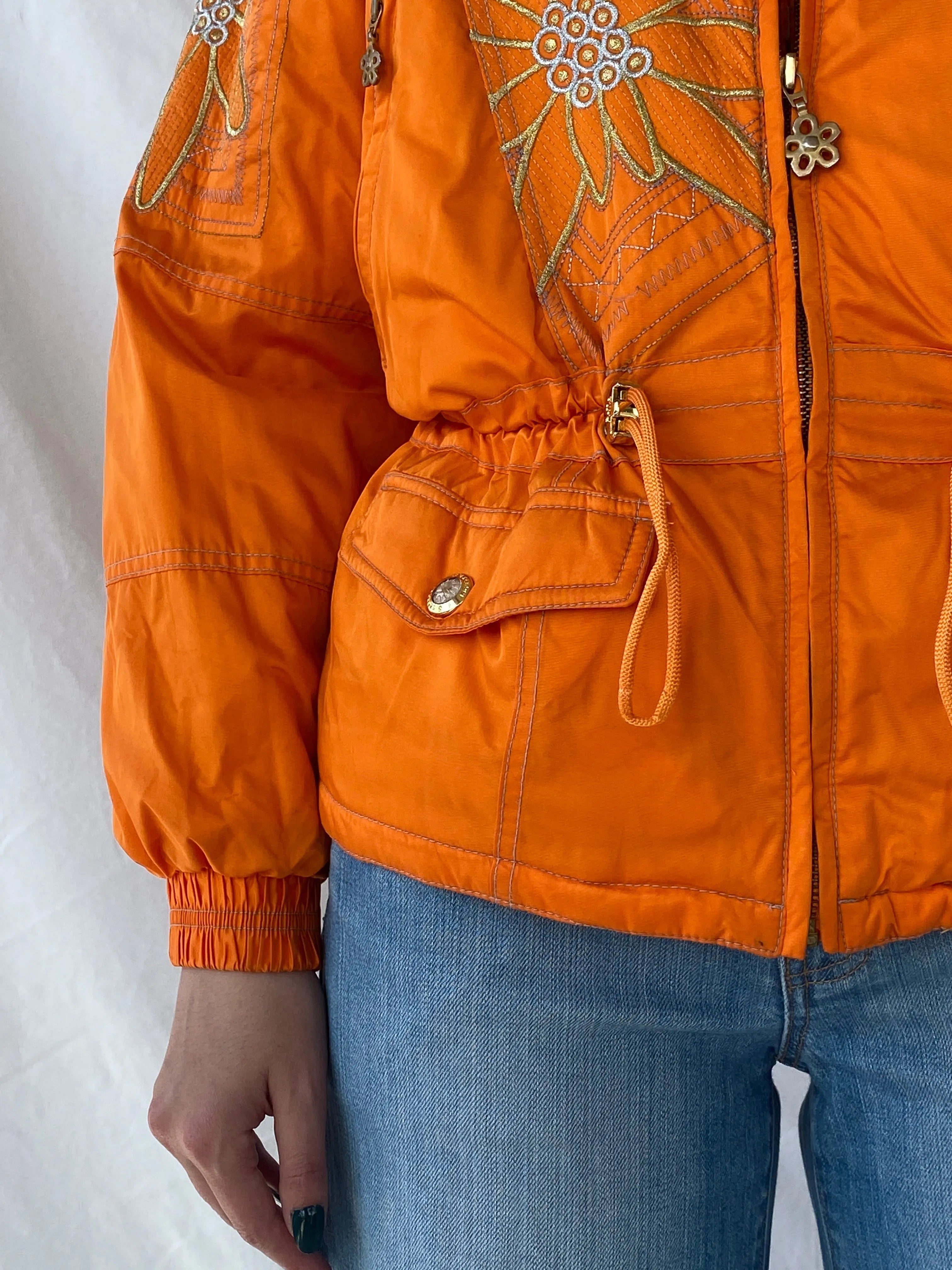 Vintage 80s/90s Slazenger Ski Orange Gold Floral Embellished Puffer Jacket - L - Balagan Vintage Windbreaker Jacket 00s, Ayah, ski jacket, vintage, vintage windbreaker, windbreaker, windbreaker jacket, women
