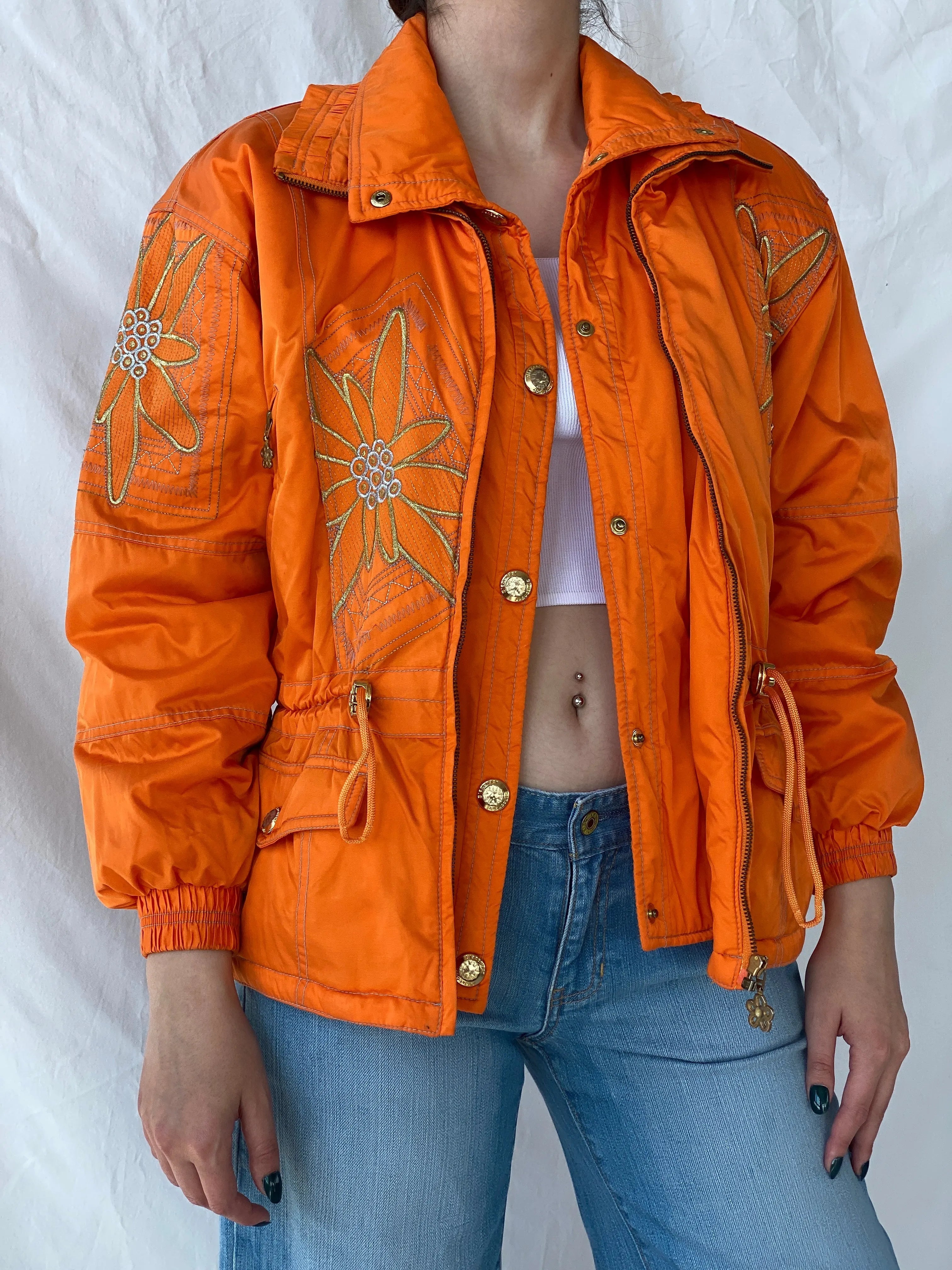 Vintage 80s/90s Slazenger Ski Orange Gold Floral Embellished Puffer Jacket - L - Balagan Vintage Windbreaker Jacket 00s, Ayah, ski jacket, vintage, vintage windbreaker, windbreaker, windbreaker jacket, women