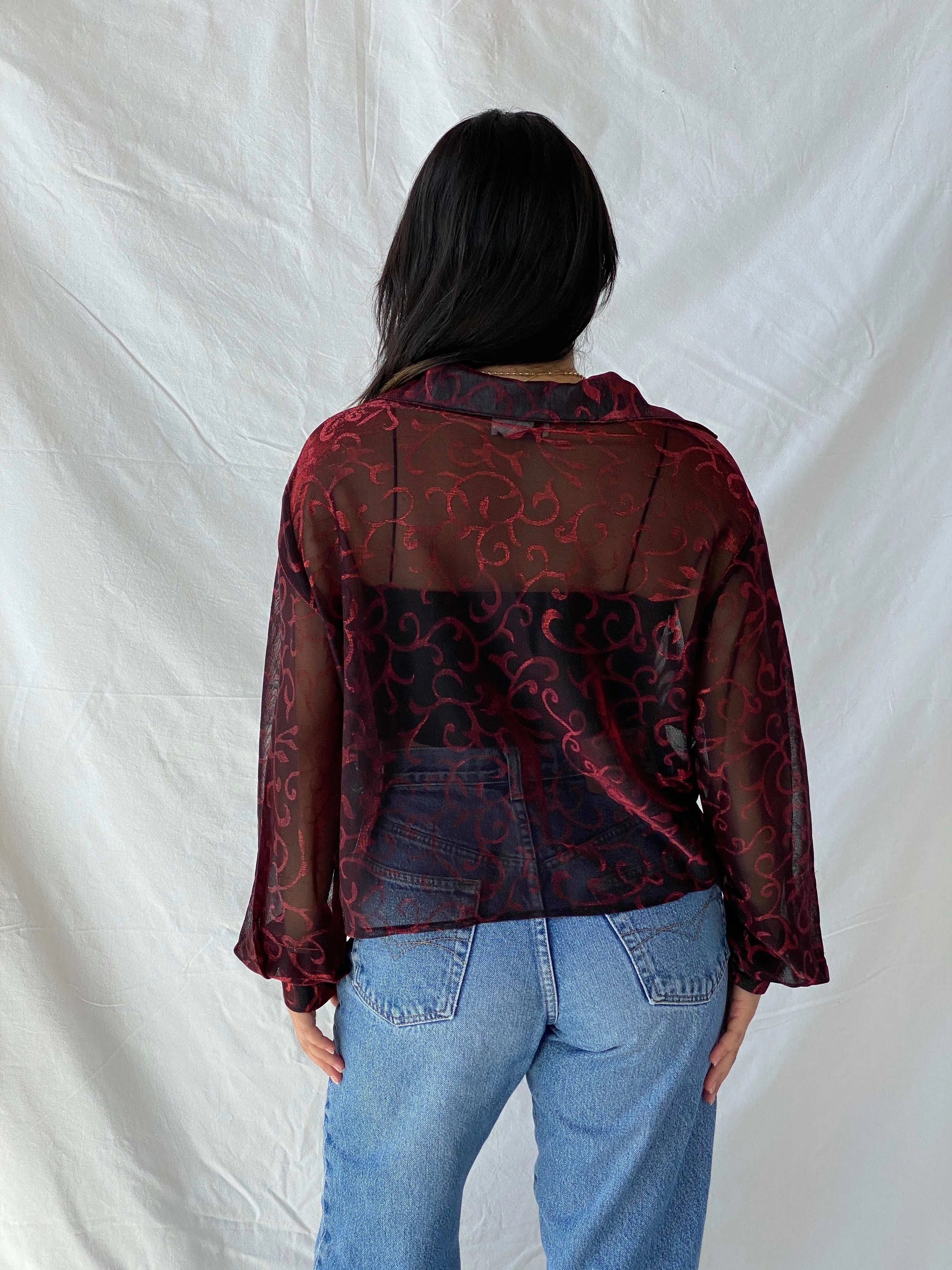 Vintage 90s 3K Fashion Cropped Black And Red Sheer Shirt - L - Balagan Vintage Full Sleeve Shirt 00s, Deals, full sleeve shirt, Lana, sheer, sheer shirt, summer