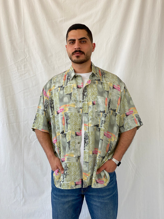 Vintage 90s ريڤوڤ Abstract Green Oversized Men’s Short Sleeve Shirt - XL - Balagan Vintage Half Sleeve Shirt 90s, half sleeve shirt, Hawaiian shirt, mens shirt, printed shirt, Ramez, silk