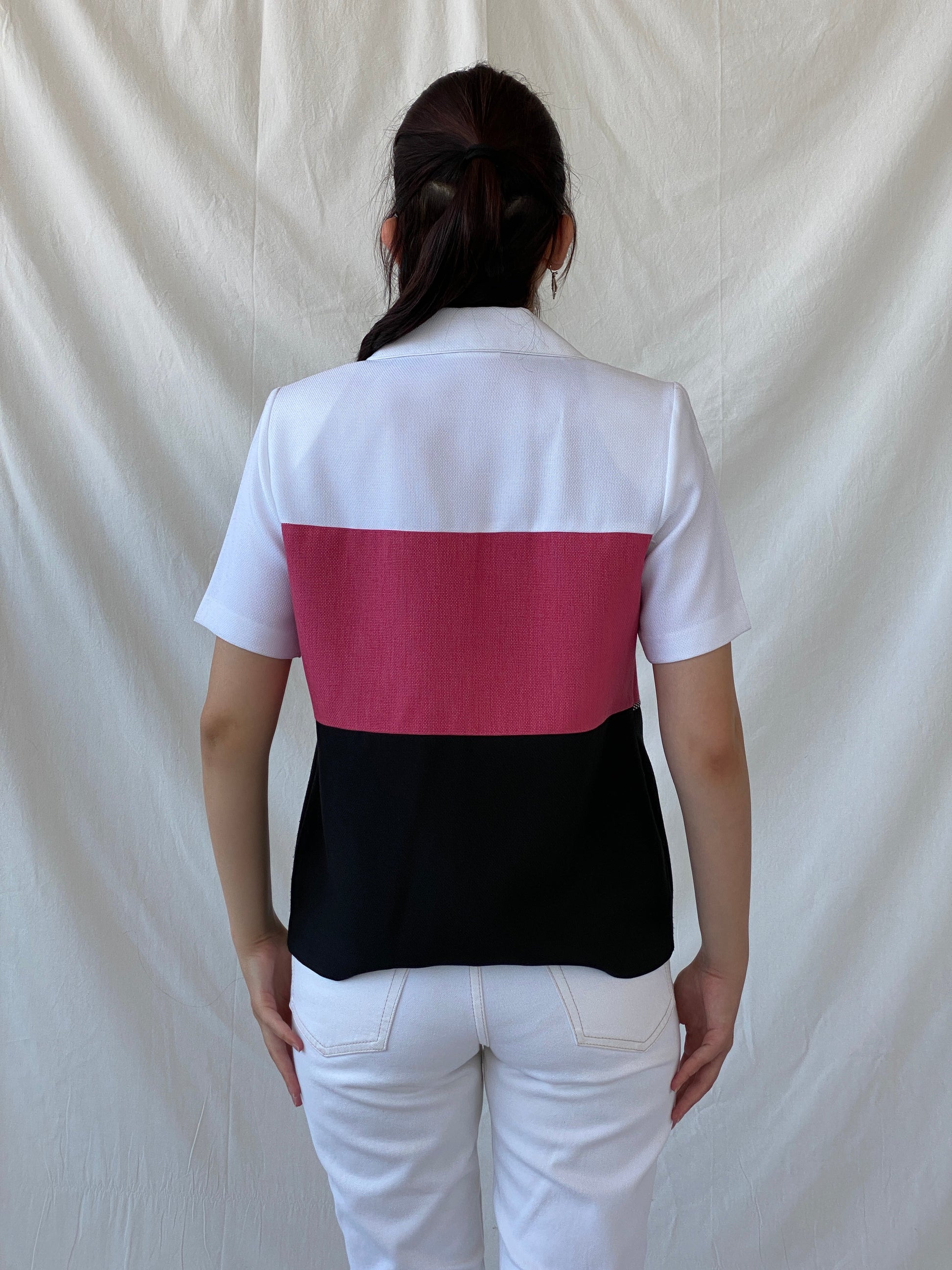 Vintage 90s Alfred Dunner White Pink Black Striped Women’s Padded Short Sleeve Heavy Shirt - M - Balagan Vintage Half Sleeve Shirt 00s, Ayah, cotton shirt, half sleeve shirt, NEW IN, shirt, women shirt