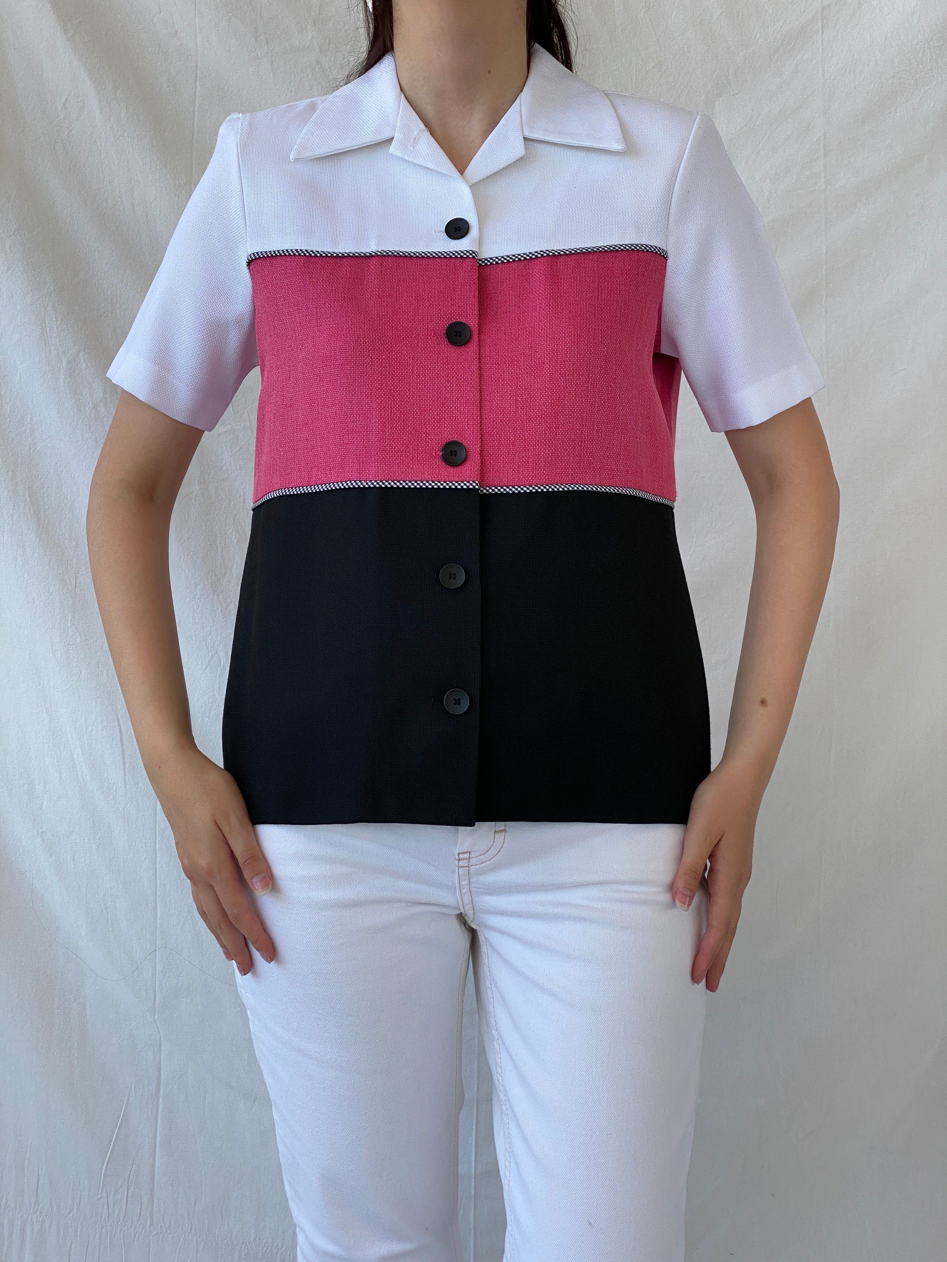 Vintage 90s Alfred Dunner White Pink Black Striped Women’s Padded Short Sleeve Heavy Shirt - M - Balagan Vintage Half Sleeve Shirt 00s, Ayah, cotton shirt, half sleeve shirt, NEW IN, shirt, women shirt