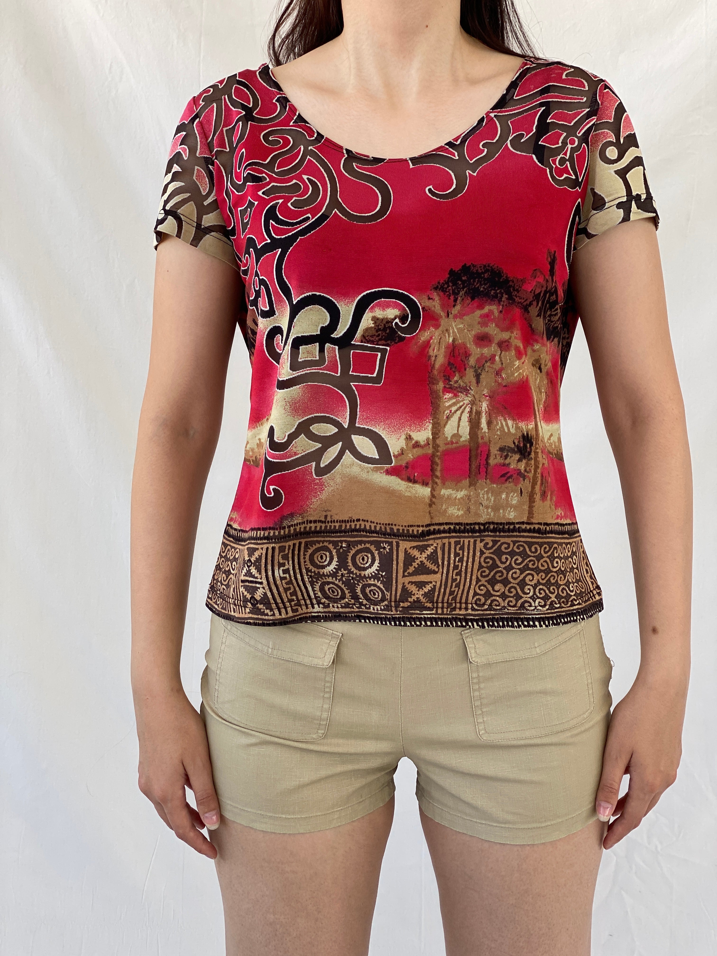 Vintage 90s Alma Ducal Graphic Red Semi Sheer Desert Print Mesh Top - XL - Balagan Vintage Half Sleeve Top 00s, Ayah, mesh, mesh top, NEW IN, summer, women top