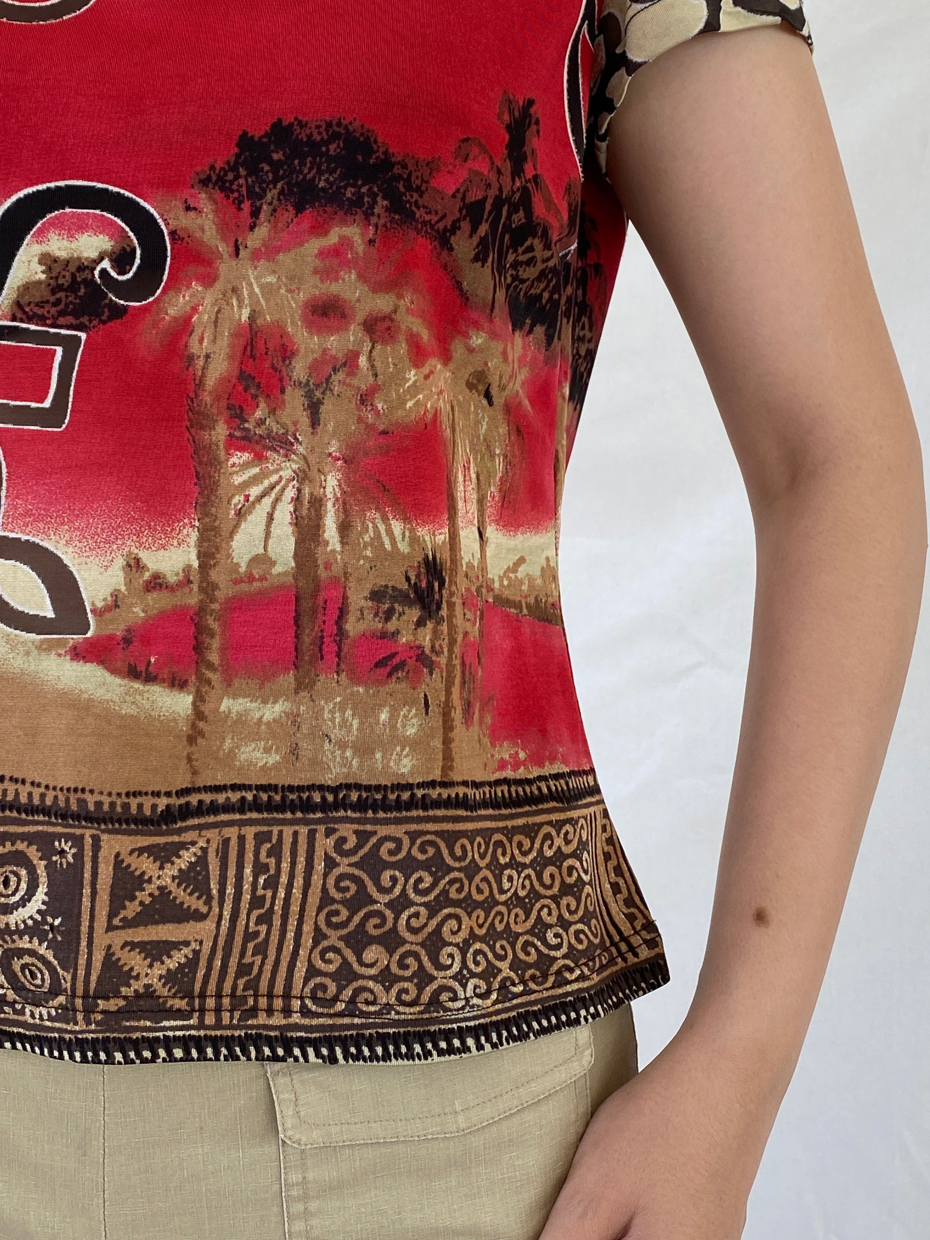 Vintage 90s Alma Ducal Graphic Red Semi Sheer Desert Print Mesh Top - XL - Balagan Vintage Half Sleeve Top 00s, Ayah, mesh, mesh top, NEW IN, summer, women top