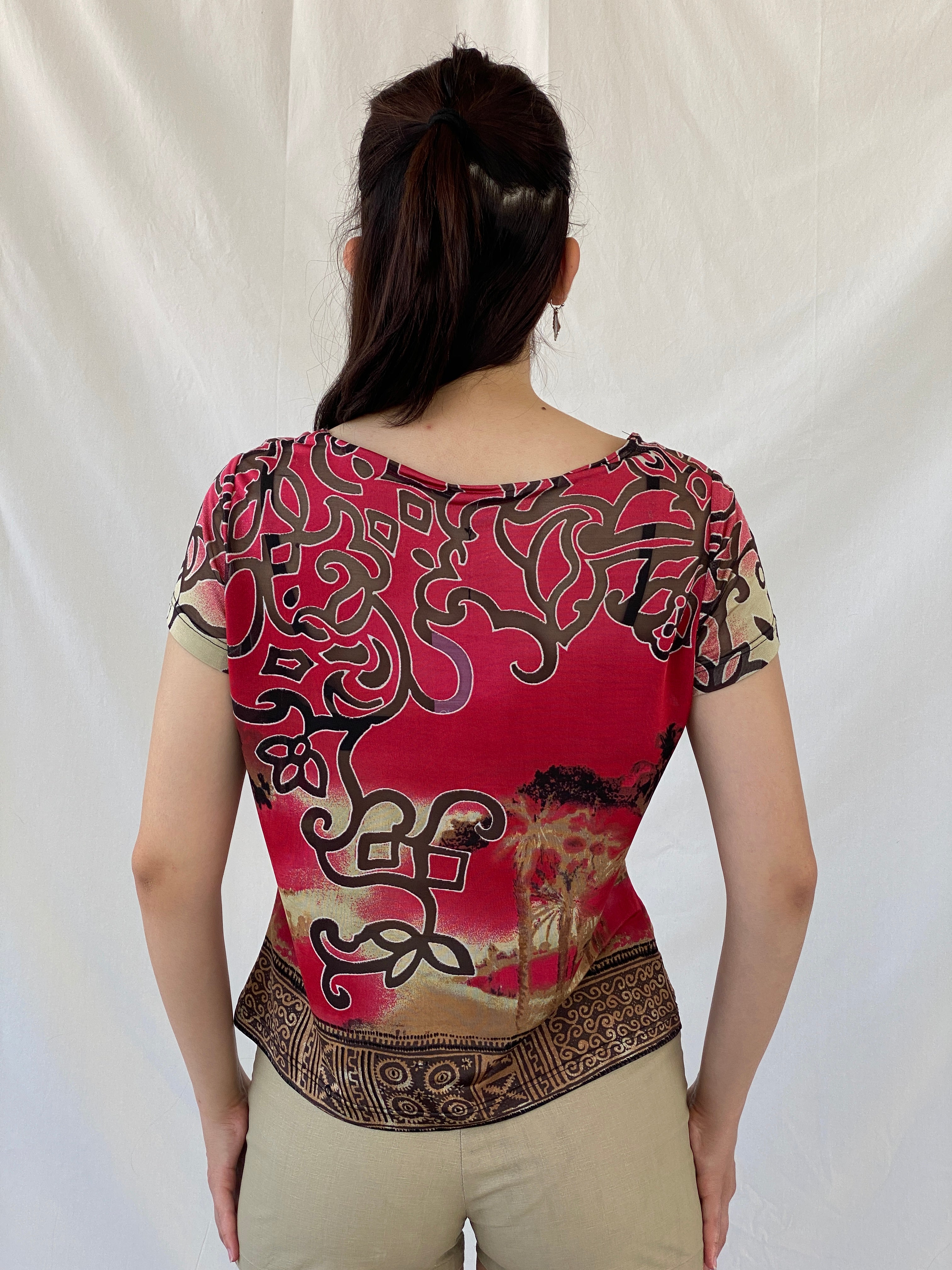 Vintage 90s Alma Ducal Graphic Red Semi Sheer Desert Print Mesh Top - XL - Balagan Vintage Half Sleeve Top 00s, Ayah, mesh, mesh top, NEW IN, summer, women top
